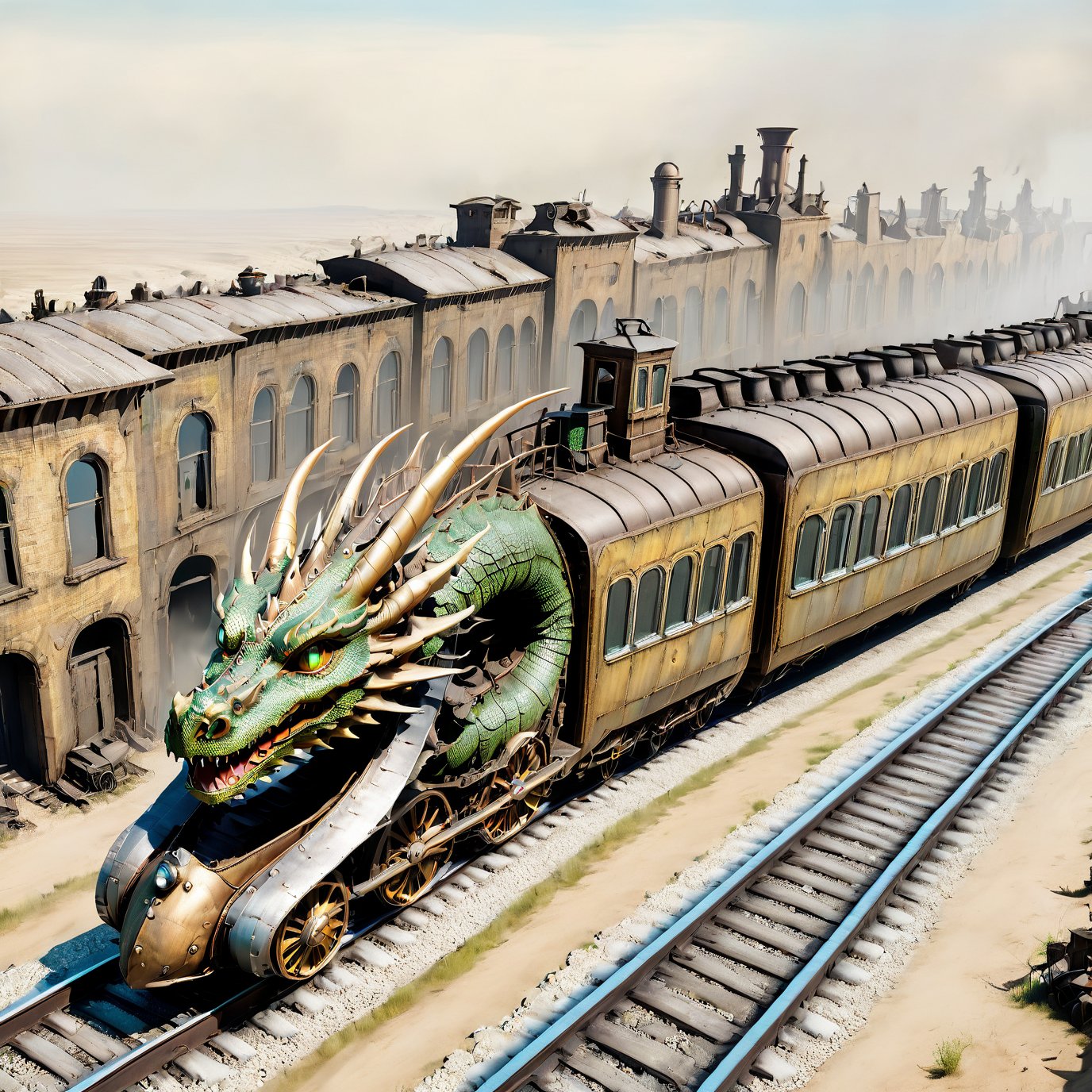  (masterpiece), (best quality),,  dragon train on railroads ,buildings , Wasteland,  post-apocalyptic world, (from above:1.9), wide angle:1.5,
