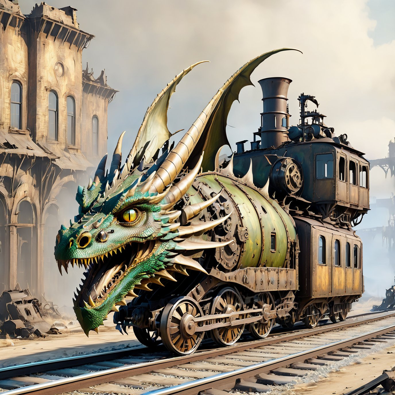  (masterpiece), (best quality),,  dragon train on railroads ,buildings , in Wasteland,  post-apocalyptic world, ((viewed from front:1.9)), 
,more detail XL