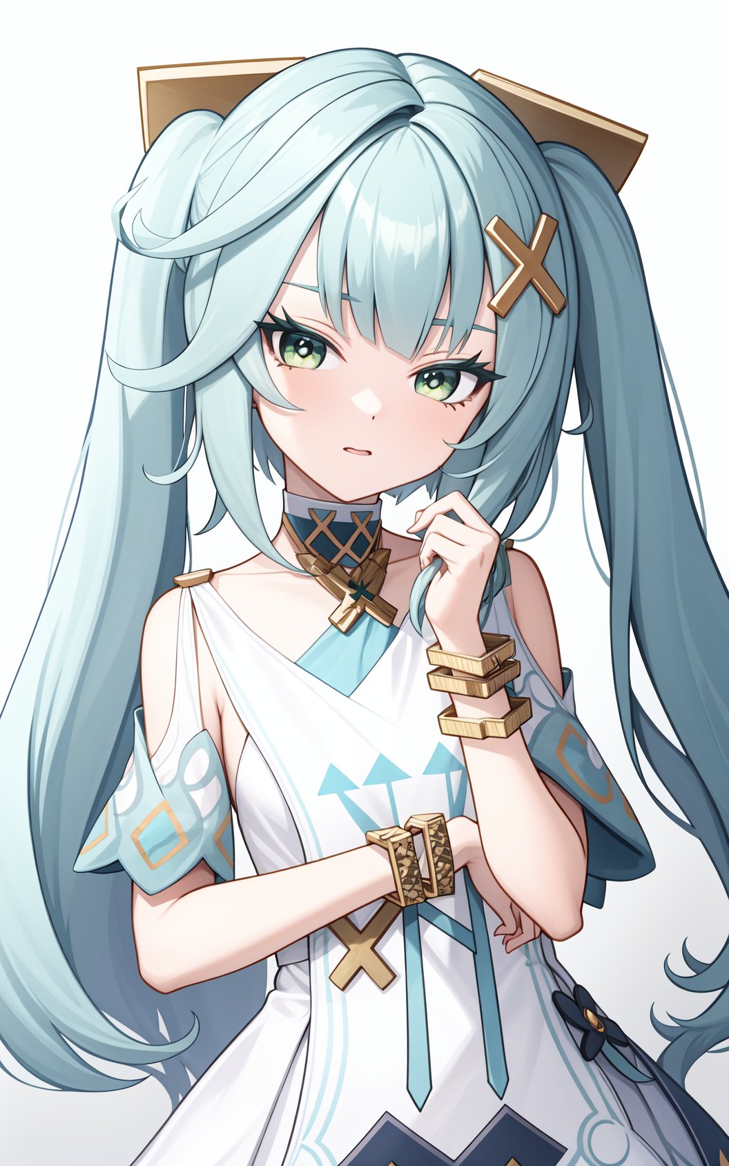 <lora:珐露珊locon:0.8:lbw=char>,falushan,twintails,long hair,hair ornament,x hair ornament,aqua hair,bangs,dress,green eyes,jewelry,white dress,bracelet,short sleeves,symbol-shaped pupils,, 1girl,,  (masterpiece,best quality:1.2),absurdres