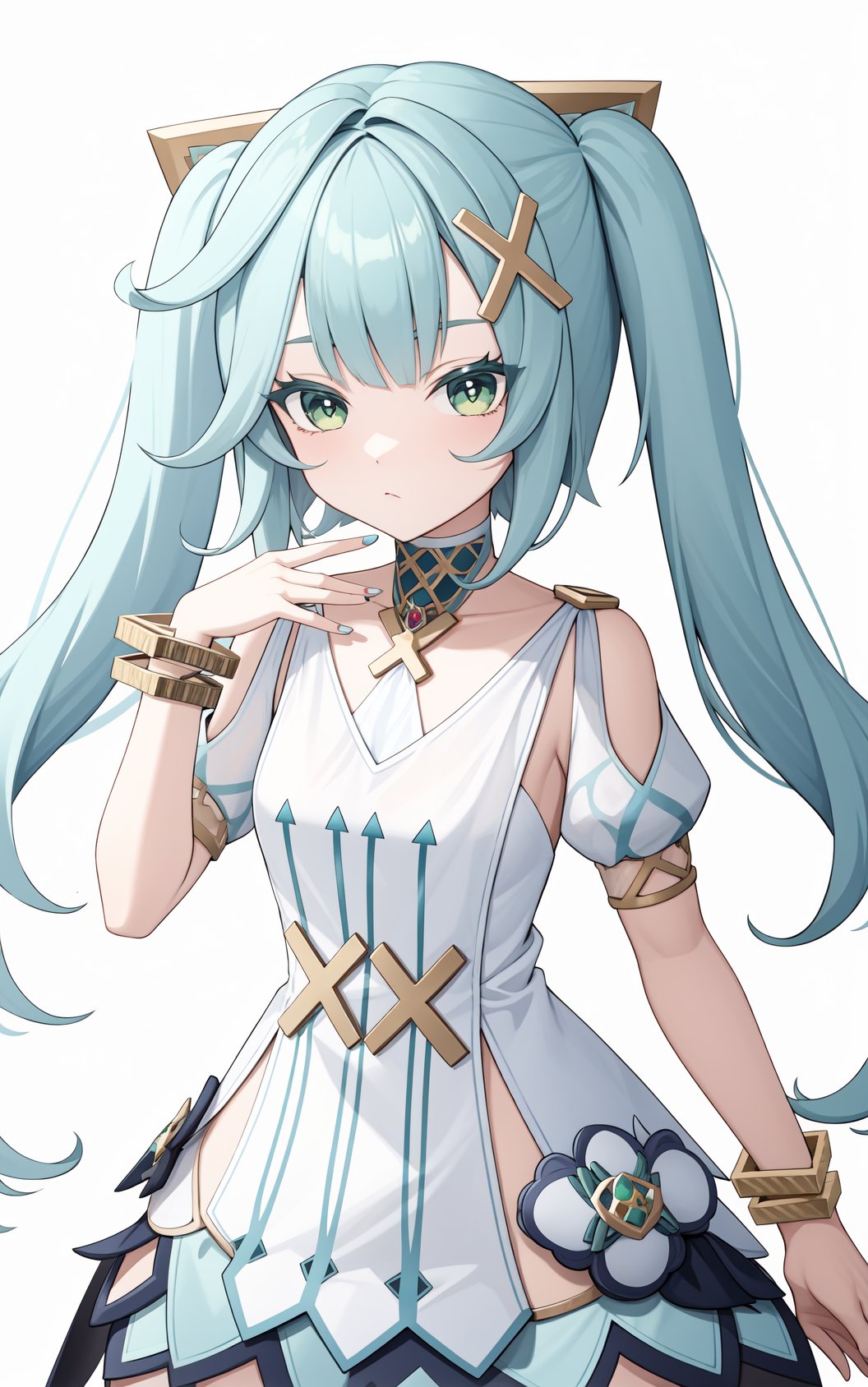 <lora:珐露珊locon:0.8:lbw=char>,falushan,twintails,long hair,hair ornament,x hair ornament,aqua hair,bangs,dress,green eyes,jewelry,white dress,bracelet,short sleeves,symbol-shaped pupils,, 1girl,,  (masterpiece,best quality:1.2),absurdres