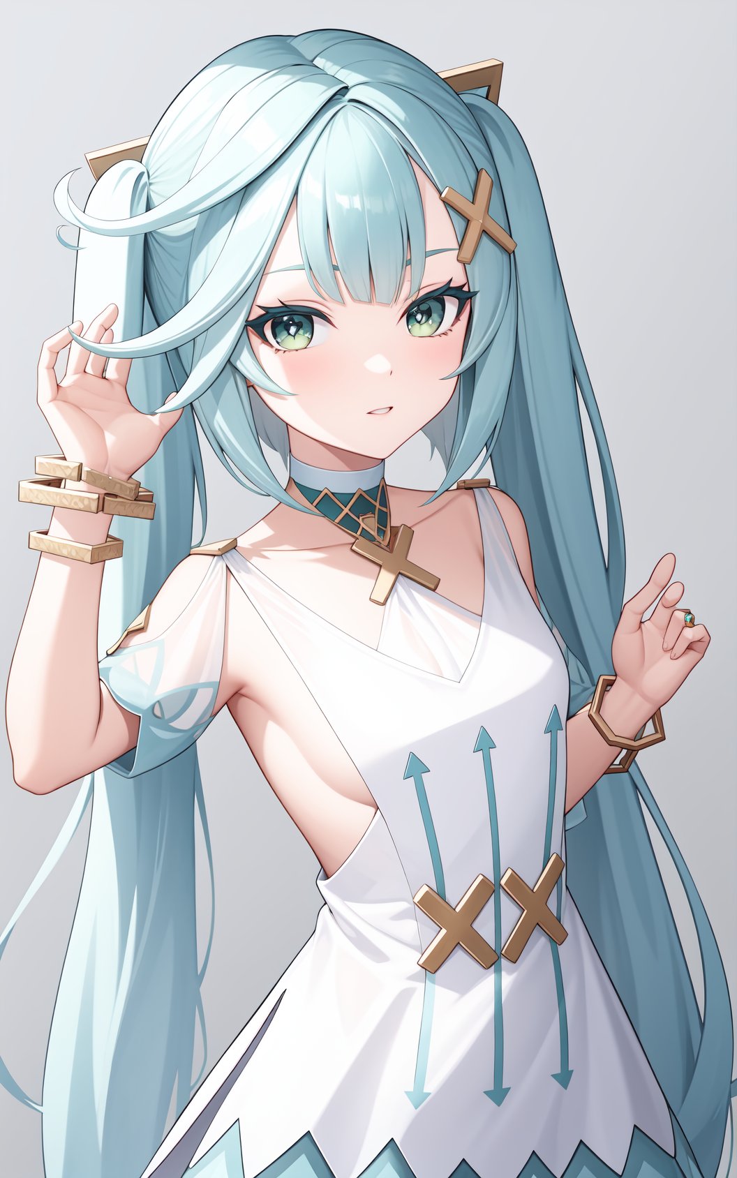 <lora:珐露珊locon:0.8:lbw=char>,falushan,twintails,long hair,hair ornament,x hair ornament,aqua hair,bangs,dress,green eyes,jewelry,white dress,bracelet,short sleeves,symbol-shaped pupils,, 1girl,,  (masterpiece,best quality:1.2),absurdres