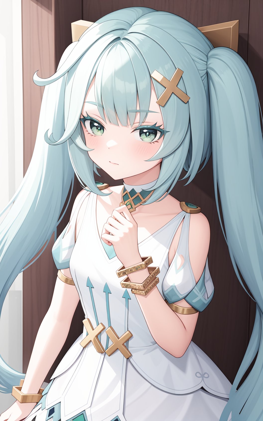 <lora:珐露珊locon:0.8:lbw=char>,falushan,twintails,long hair,hair ornament,x hair ornament,aqua hair,bangs,dress,green eyes,jewelry,white dress,bracelet,short sleeves,symbol-shaped pupils,, 1girl,,  (masterpiece,best quality:1.2),absurdres