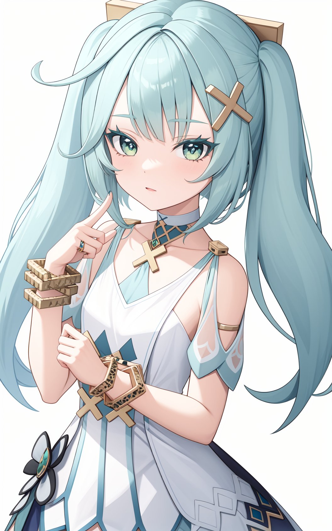 <lora:珐露珊locon:0.8:lbw=char>,falushan,twintails,long hair,hair ornament,x hair ornament,aqua hair,bangs,dress,green eyes,jewelry,white dress,bracelet,short sleeves,symbol-shaped pupils,, 1girl,,  (masterpiece,best quality:1.2),absurdres