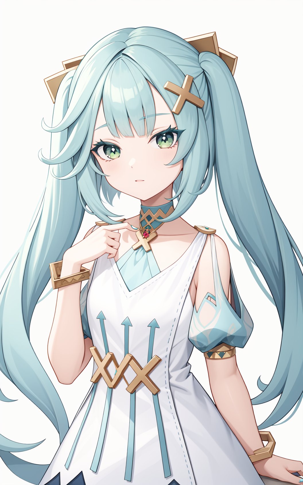 <lora:珐露珊locon:0.8:lbw=char>,falushan,twintails,long hair,hair ornament,x hair ornament,aqua hair,bangs,dress,green eyes,jewelry,white dress,bracelet,short sleeves,symbol-shaped pupils,, 1girl,,  (masterpiece,best quality:1.2),absurdres