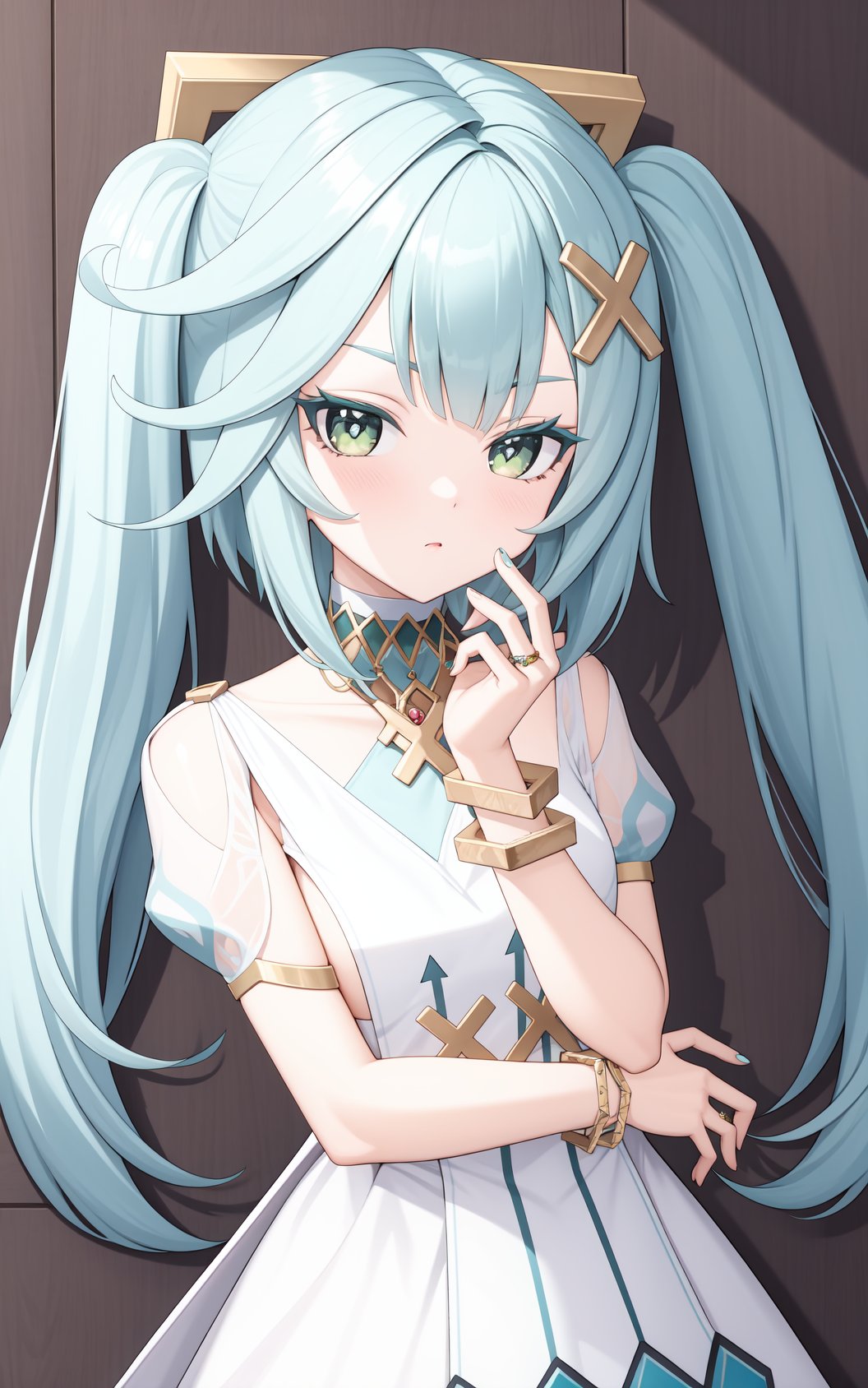 <lora:珐露珊locon:0.8:lbw=char>,falushan,twintails,long hair,hair ornament,x hair ornament,aqua hair,bangs,dress,green eyes,jewelry,white dress,bracelet,short sleeves,symbol-shaped pupils,, 1girl,,  (masterpiece,best quality:1.2),absurdres