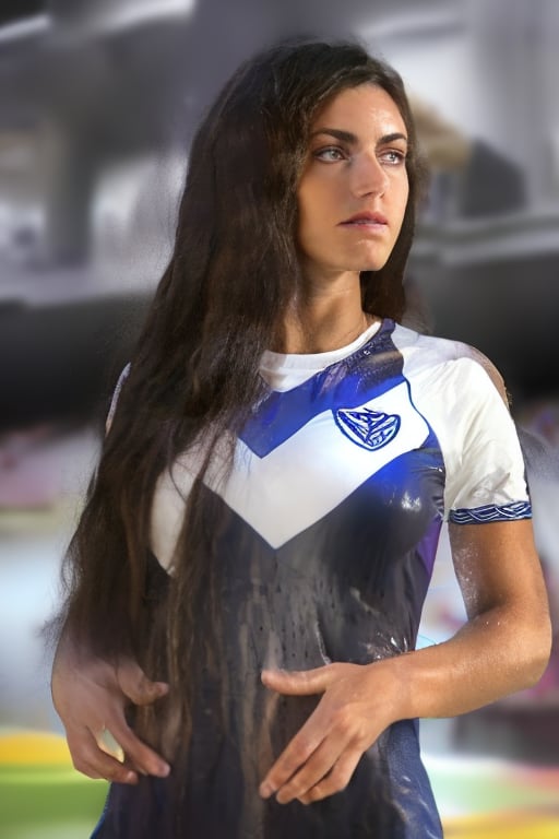 Full body photo, dramatic lighting, medium hair, vjvx as a strong woman, Strong abdomen, smooth haircut, Large muscles, vlzblnc dress wet by rain, Rain, street, Wet body, Highly detailed face and skin texture,  Detailed eyes, tanned skin, on the estadio Jose Amalfitani, realism, realistic, raw, analog, woman, portrait, photorealistic