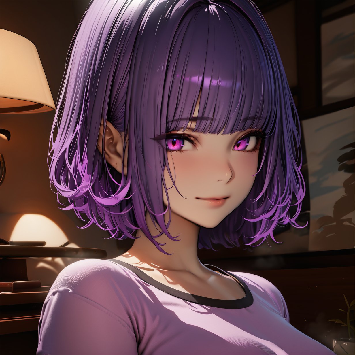 ((masterpiece, best quality, highres:1.2)), UHD, ultra-detailed, 2.5D, semi-realistic, perfect face, 1girl, solo, looking at viewer, ((chiaroscuro)), RAW photo, slight smile, purple hair, short hair, bob haircut, bangs, magenta eyes, 8k, indoors, ((close up)), upper_body, ((cute purple sleep shirt)), shirt-only, eteernum style