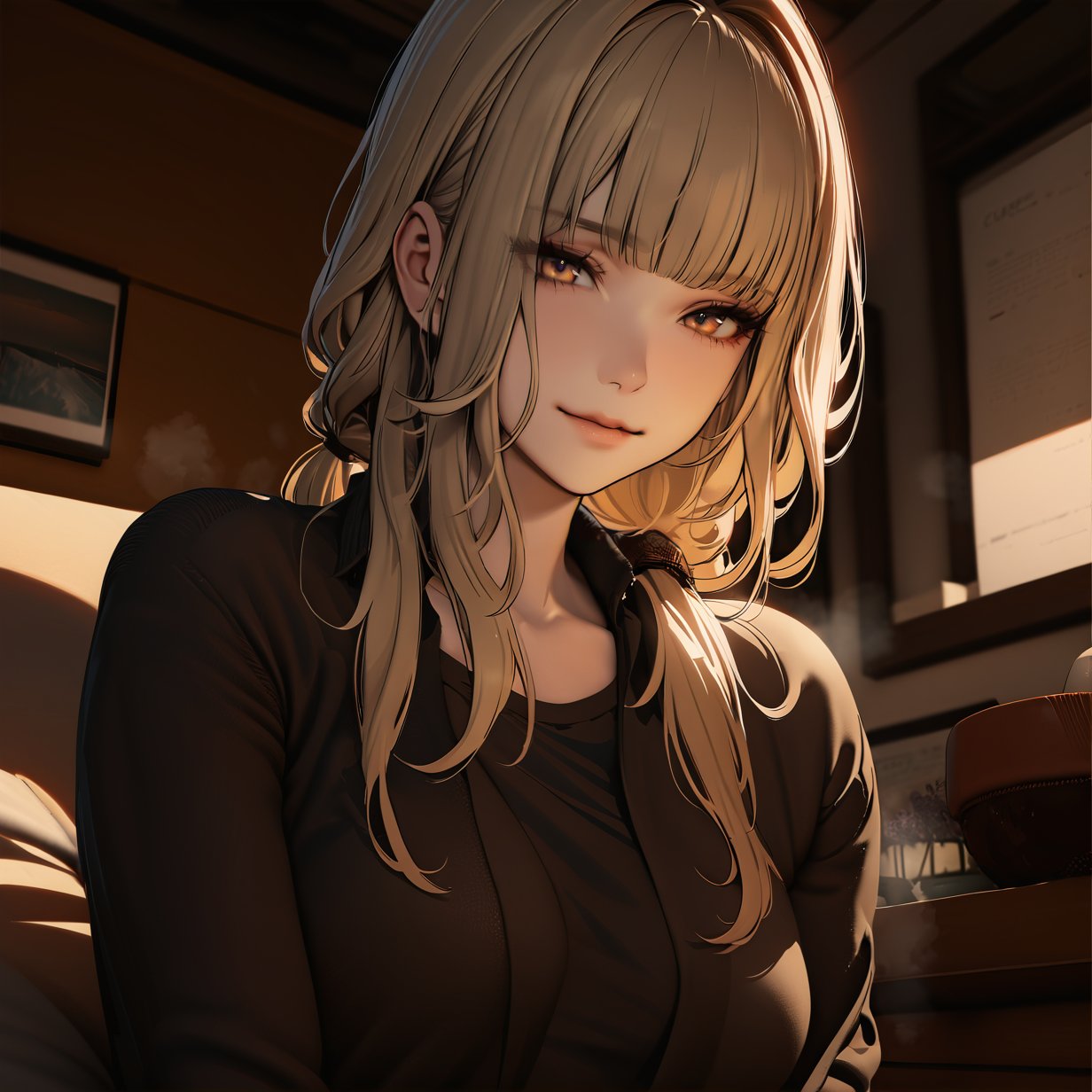 ((masterpiece, best quality, highres:1.2)), UHD, ultra-detailed, 2.5D, semi-realistic, perfect face, 1girl, solo, looking at viewer, ((chiaroscuro)), RAW photo, slight smile, blond hair, long hair, bangs, brown eyes, 8k, indoors, ((close up)), upper_body, black shirt, jacket, long_pants, eteernum style