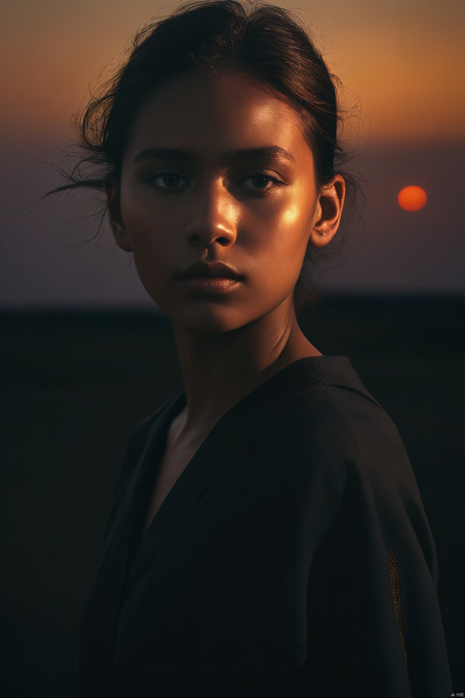  portrait of 1girl by Bill Henson, 1 girl, fashion,shadows,dramatic lighting,sunset,contemporary,dark,expressionism,dystopia,industrial, Light master, light master