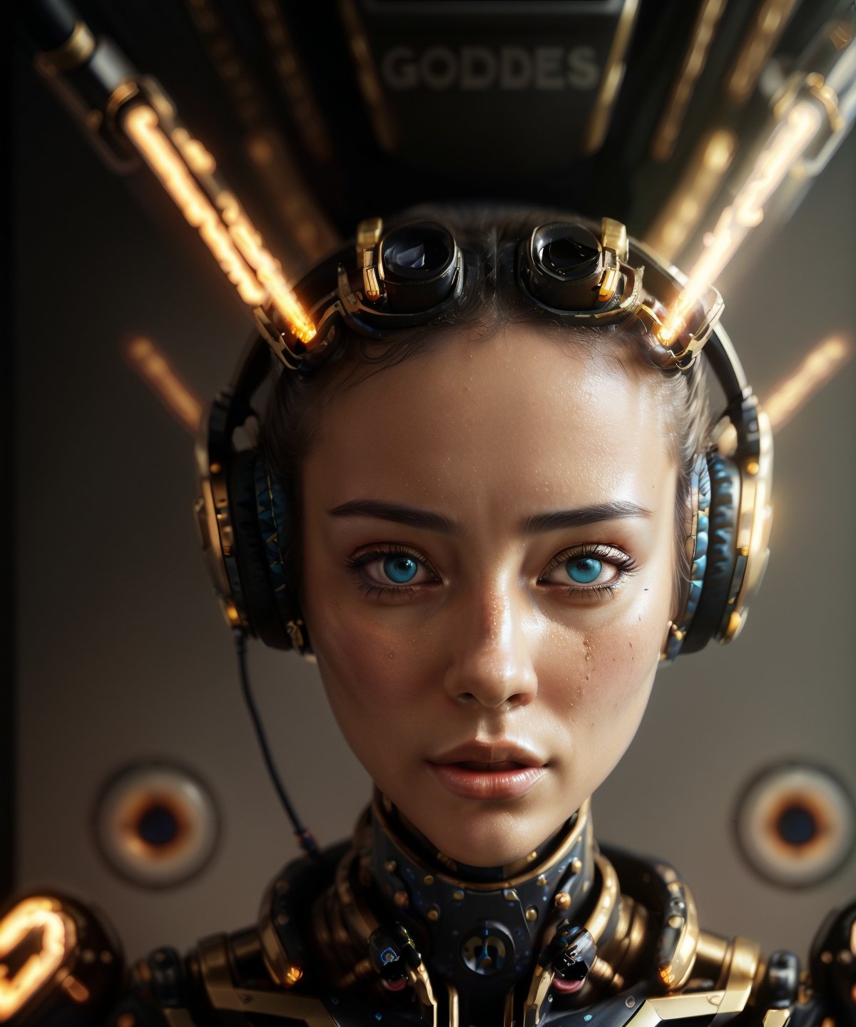 a close up of a person wearing headphones, beautiful cyborg girl, 8k highly detailed ❤️‍🔥 🔥 💀 🤖 🚀, trending on artstration, the golden humanoid robot, breathtaking fantasy art, artificial intelligence princess, 2070s, mechanic, beauty girl,photorealistic