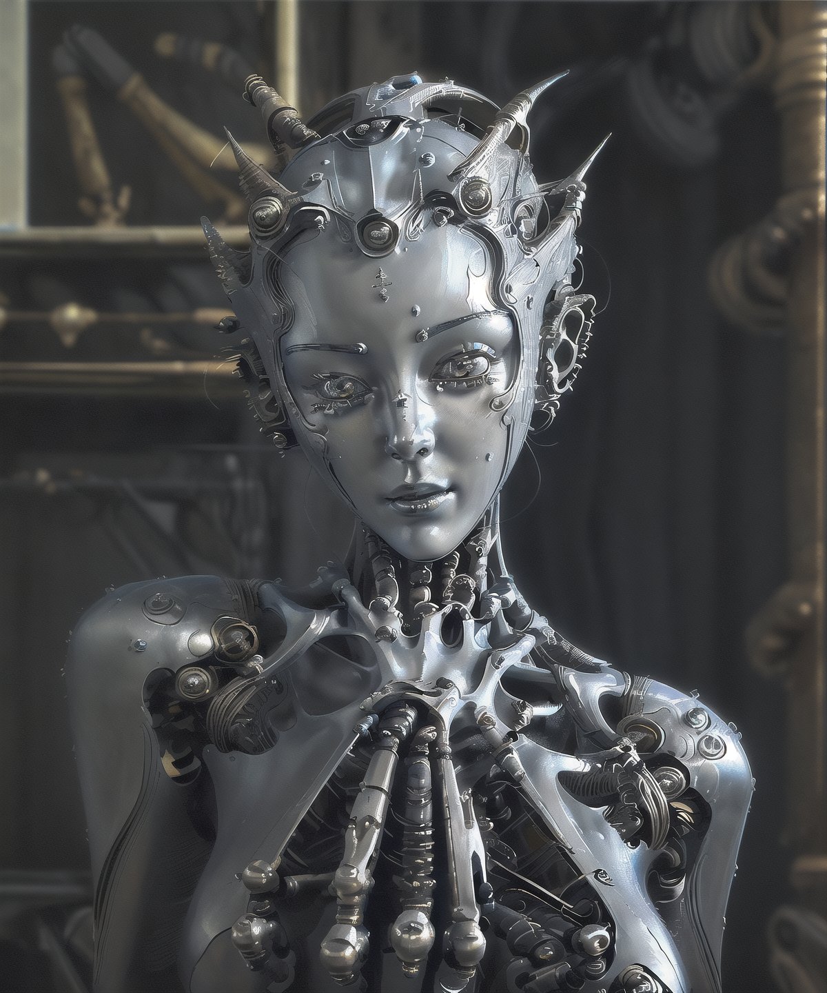 a fine art painting of a beautiful woman, biomechanical, mshn robot, hyper realistic, steel, intricate design, insanely detailed, fine details, Extremely sharp lines, cinematic lighting, Photo realistic, a detailed masterpiece ,1