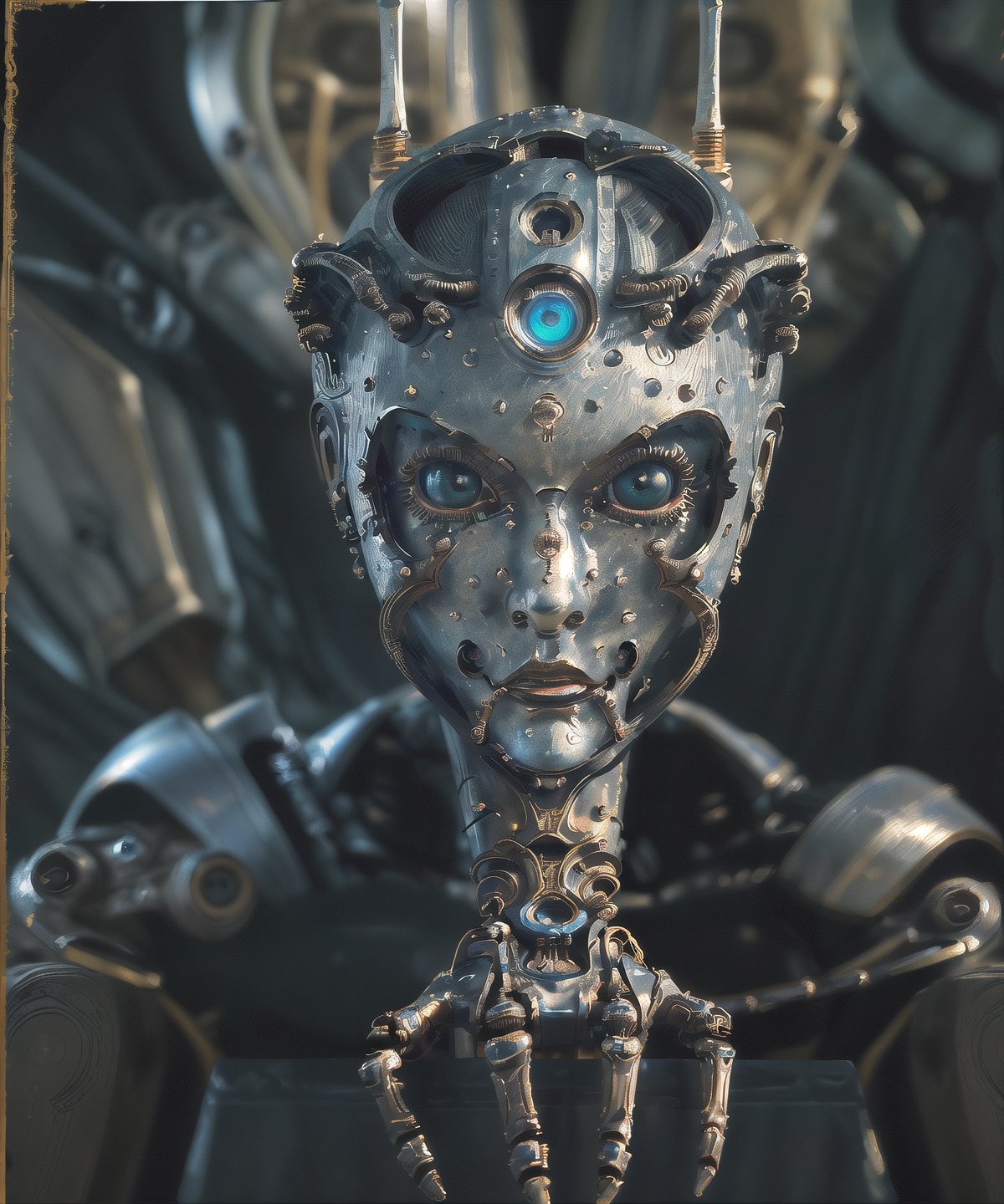 a fine art painting of a beautiful woman, biomechanical, mshn robot, hyper realistic, steel, intricate design, insanely detailed, fine details, Extremely sharp lines, cinematic lighting, Photo realistic, a detailed masterpiece