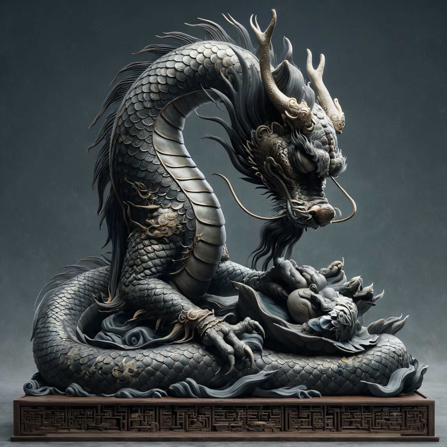 Chinese dragon in a sleeping posture, head bowed, dignified and introspective, subdued yet detailed, humble posture with profound symbolism, representing repentance and solemn introspection, embodying wisdom and humility, by FuturEvoLab, (Masterpiece, Best Quality, 8k:1.2), (Ultra-Detailed, Highres, Extremely Detailed, Absurdres, Incredibly Absurdres, Huge Filesize:1.1), textured scales, serene and thoughtful expression