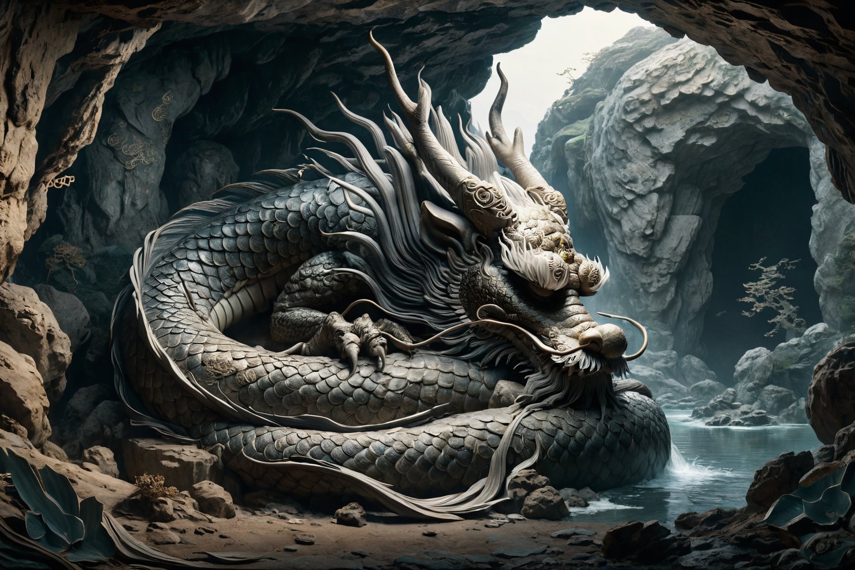 Chinese dragon sleeping in a deep ancient cave, head bowed, dignified and introspective, subdued yet detailed, humble posture with profound symbolism, in a serene and mystical mountain setting, representing repentance and solemn introspection, embodying wisdom and humility, textured scales, serene and thoughtful expression, by FuturEvoLab, (Masterpiece, Best Quality, 8k:1.2), (Ultra-Detailed, Highres, Extremely Detailed, Absurdres, Incredibly Absurdres, Huge Filesize:1.1), deep mountain cave, ancient and mystical ambiance