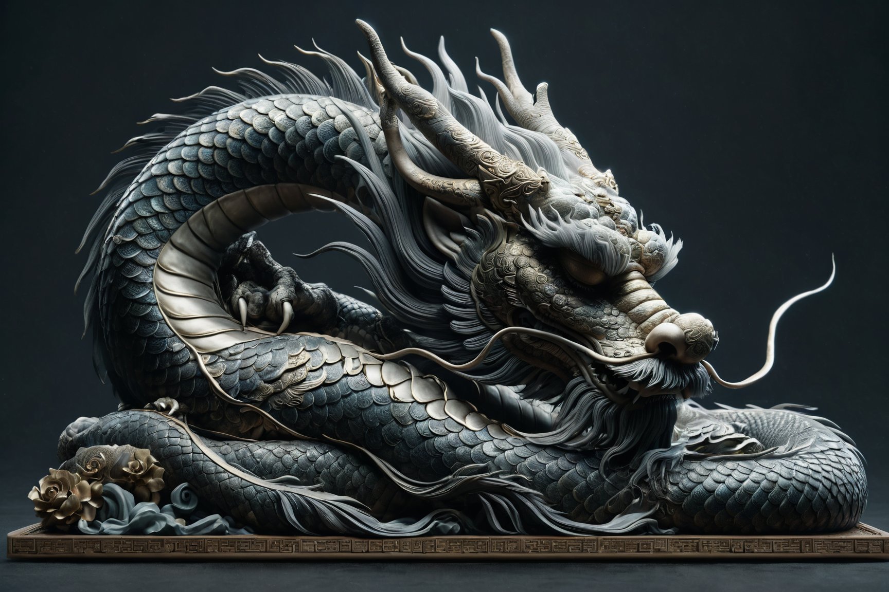 Chinese dragon in a sleeping posture, head bowed, dignified and introspective, subdued yet detailed, humble posture with profound symbolism, representing repentance and solemn introspection, embodying wisdom and humility, by FuturEvoLab, (Masterpiece, Best Quality, 8k:1.2), (Ultra-Detailed, Highres, Extremely Detailed, Absurdres, Incredibly Absurdres, Huge Filesize:1.1), textured scales, serene and thoughtful expression