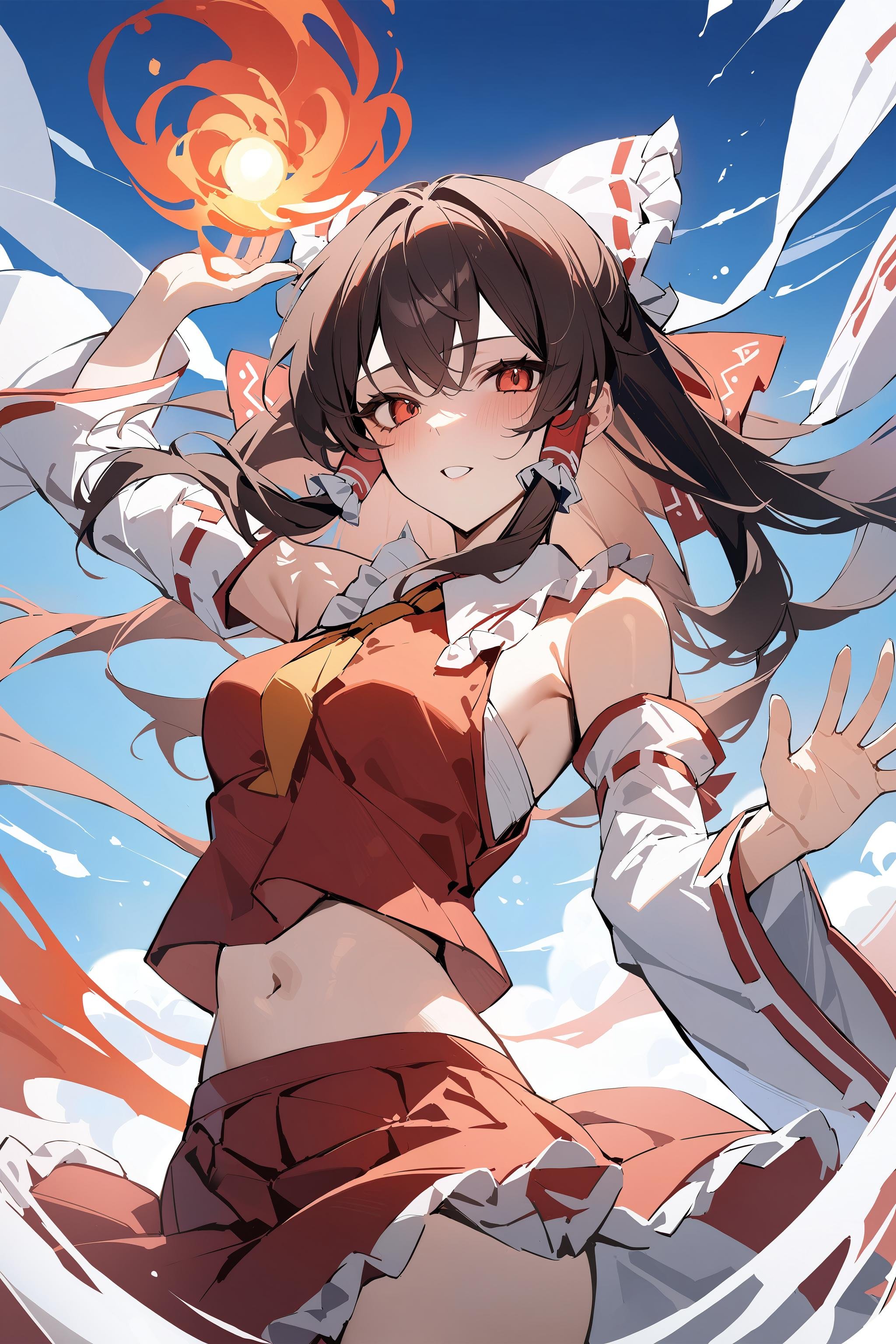 masterpiece, best quality, newest, 1girl, solo, abstract, hakurei reimu, floating on air, shooting magical fireball, colorful, dark hair, detached sleeves, wide sleeves, red skirt, red vest, frills,<lora:hakurei_reimu_xl_2:1.0>