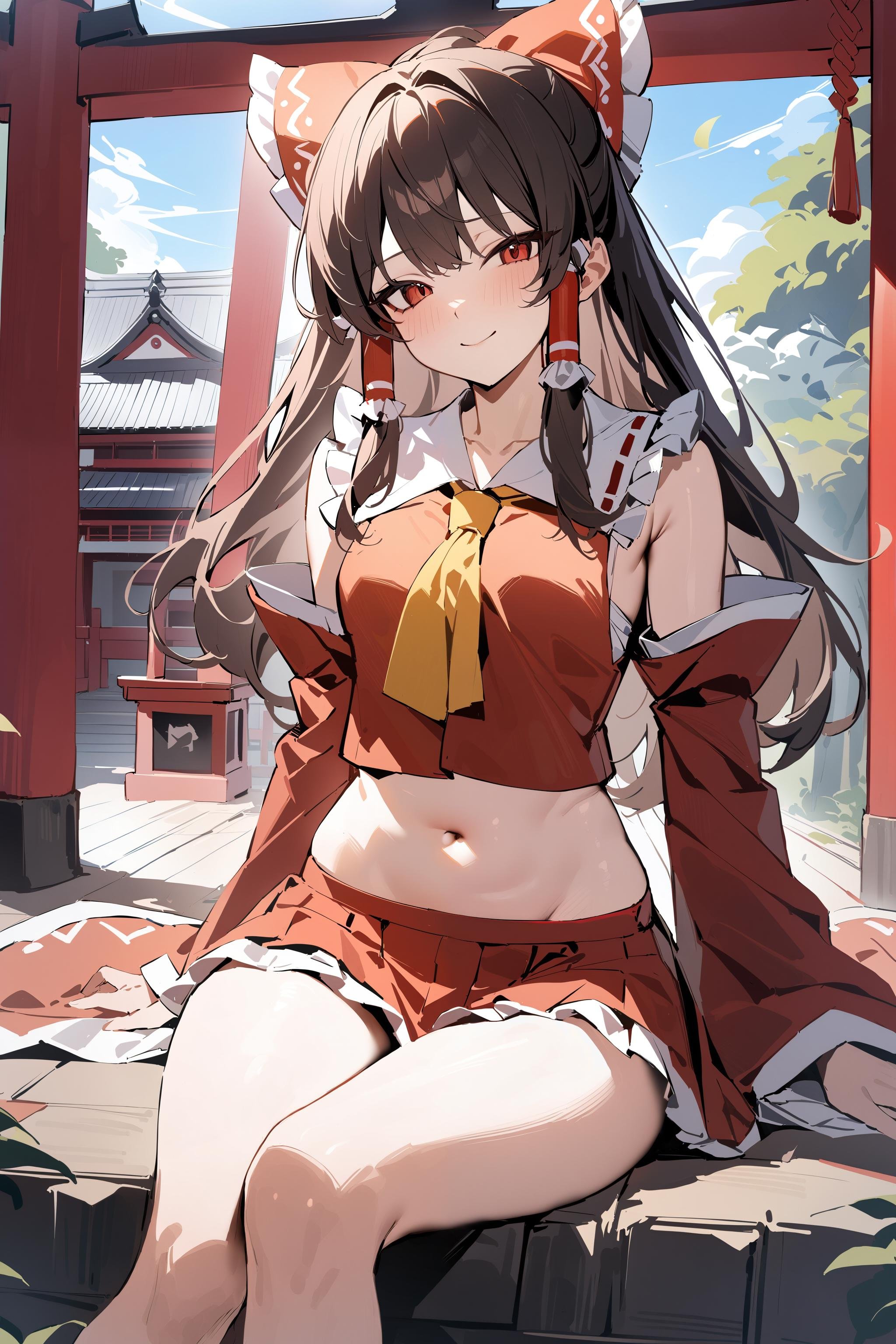 masterpiece, best quality, newest, 1girl, solo, hakurei reimu, dark hair, detached sleeves, wide sleeves, red skirt, red vest, navel, frills, sitting, slight smile, shrine, <lora:hakurei_reimu_xl_2:1.0>