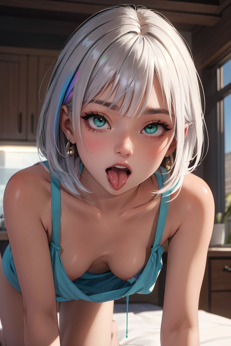 masterpiece, best quality,Ray tracing, hdr, volumetric lighting,1girl,Buzz-cut with holographic silver and lavender highlights, piercing heterochromia – one emerald green eye, the other deep amber. Angular jawline with a prominent facial piercing, <lora:Downblouse_FefaAIart:1>, (downblouse, extended downblouse), <lora:Ahegao_RollingEyes_FefaAIart:0.5>, ahegao, rolling eyes, cross-eyed, open mouth, tongue out, naughty face,
