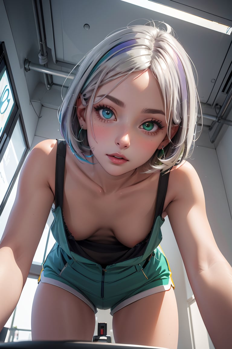 masterpiece, best quality,Ray tracing, hdr, volumetric lighting,1girl,Buzz-cut with holographic silver and lavender highlights, piercing heterochromia – one emerald green eye, the other deep amber. Angular jawline with a prominent facial piercing, <lora:Downblouse_FefaAIart:1>, (downblouse, extended downblouse), <lora:From_Below_FefaAIart:0.8>, from below, low angle shot,
