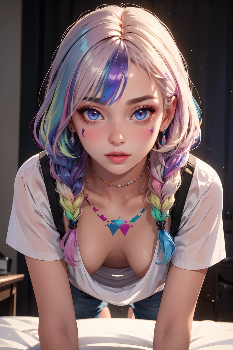 masterpiece, best quality,Ray tracing, hdr, volumetric lighting,1girl,Waist-length waves of iridescent pastel rainbow hair, adorned with braids, crystals, and beads, intricate metallic face paint, iridescent glitter mascara, arched eyebrows with iridescent shimmer, opalescent gloss lips, <lora:Downblouse_FefaAIart:1>, (downblouse, extended downblouse), <lora:Upshirt_underboob_FefaAIart:0.65>, (upshirt), (underboob),