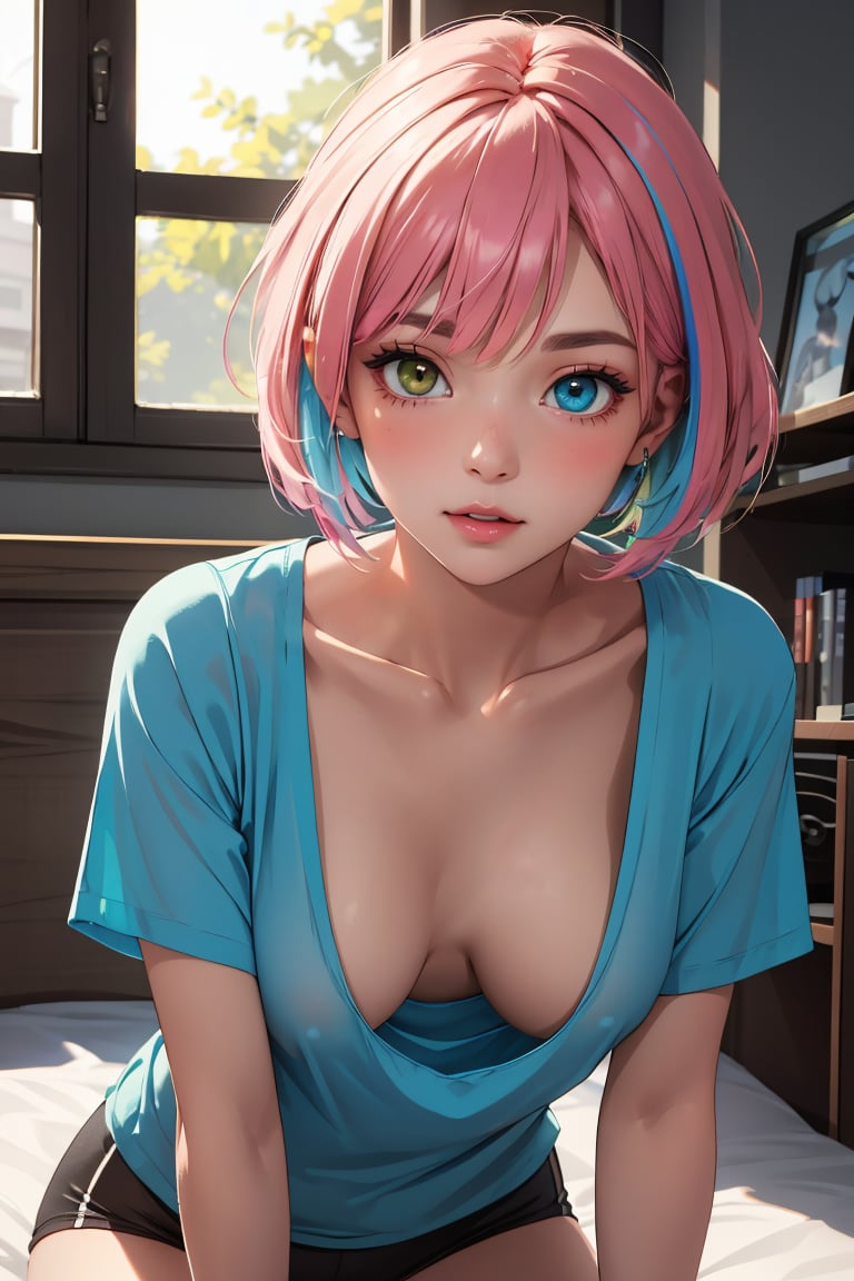 masterpiece, best quality,Ray tracing, hdr, volumetric lighting,1girl,Woman with a buzz-cut hairstyle, showcasing a mix of neon pink and electric blue, complementing her captivating heterochromia – one eye in emerald green and the other in deep amber, <lora:Downblouse_FefaAIart:1>,downblouse, extended downblouse, <lora:Upshirt_underboob_FefaAIart:0.65>, (upshirt), (underboob),