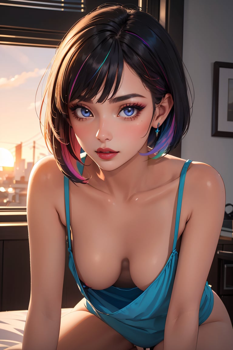 masterpiece, best quality,Ray tracing, hdr, volumetric lighting,1girl,Vibrant sunset-hued asymmetrical pixie cut, sculpted cheekbones with iridescent glitter, long dramatic lashes, bold angular eyebrows, matte berry-stained lips, eclectic and avant-garde style, <lora:Downblouse_FefaAIart:1>, (downblouse, extended downblouse),