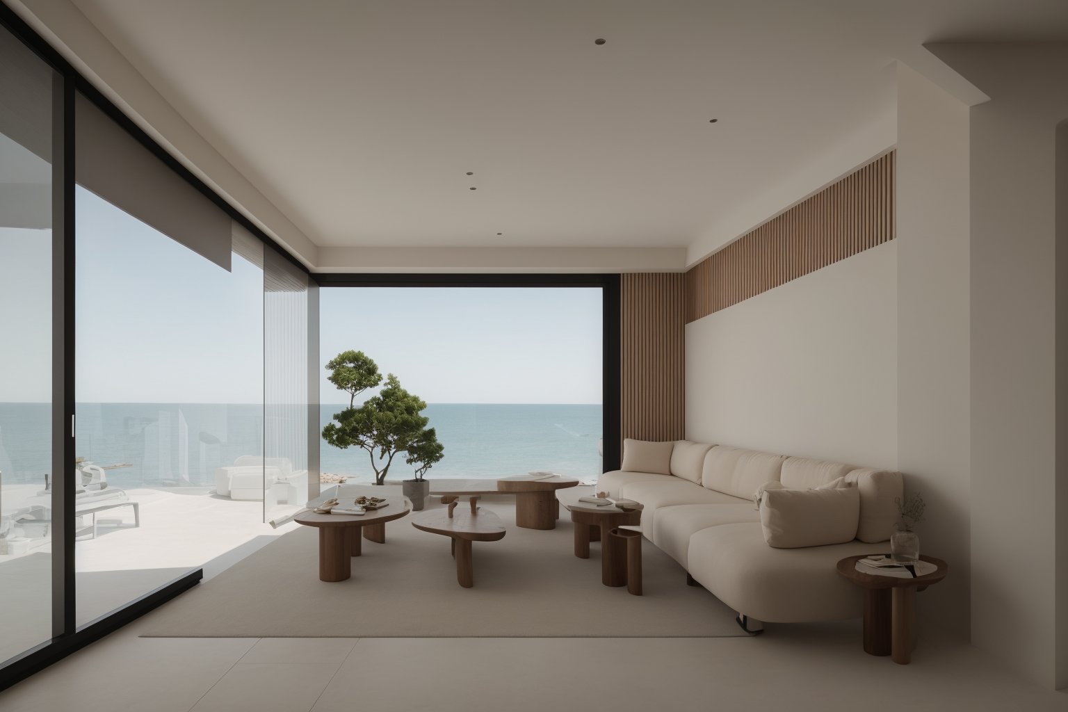 <lora:interior decoration_NaiYou_BY_LION ShikinV1.0 D20:0.75>,Naiyou,Neutral colour,interior design,living room,Living room,Livingroom front view,(ceiling light 1.05),tree,sky,ocean,tiles,Sofa coffee table