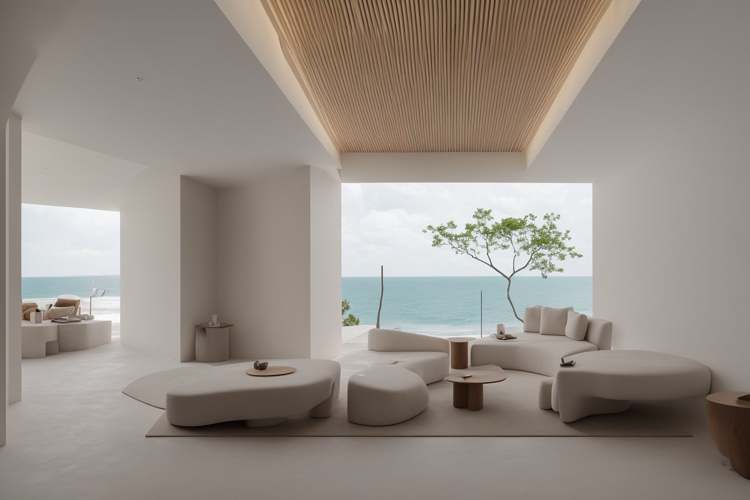 <lora:interior decoration_NaiYou_BY_LION ShikinV1.0 D20:0.75>,Naiyou,Neutral colour,interior design,living room,Living room,Livingroom front view,(ceiling light 1.05),tree,sky,ocean,tiles,Sofa coffee table