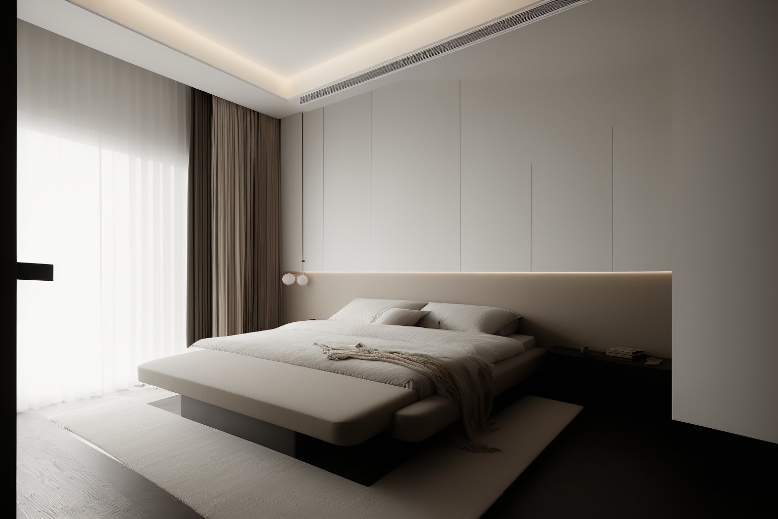 <lora:interior decoration_NaiYou_BY_LION ShikinV1.0 D20:1>,Naiyou,Neutral colour,interior design,Bedroom,bed room,monochrome,(ceiling light 1.2),