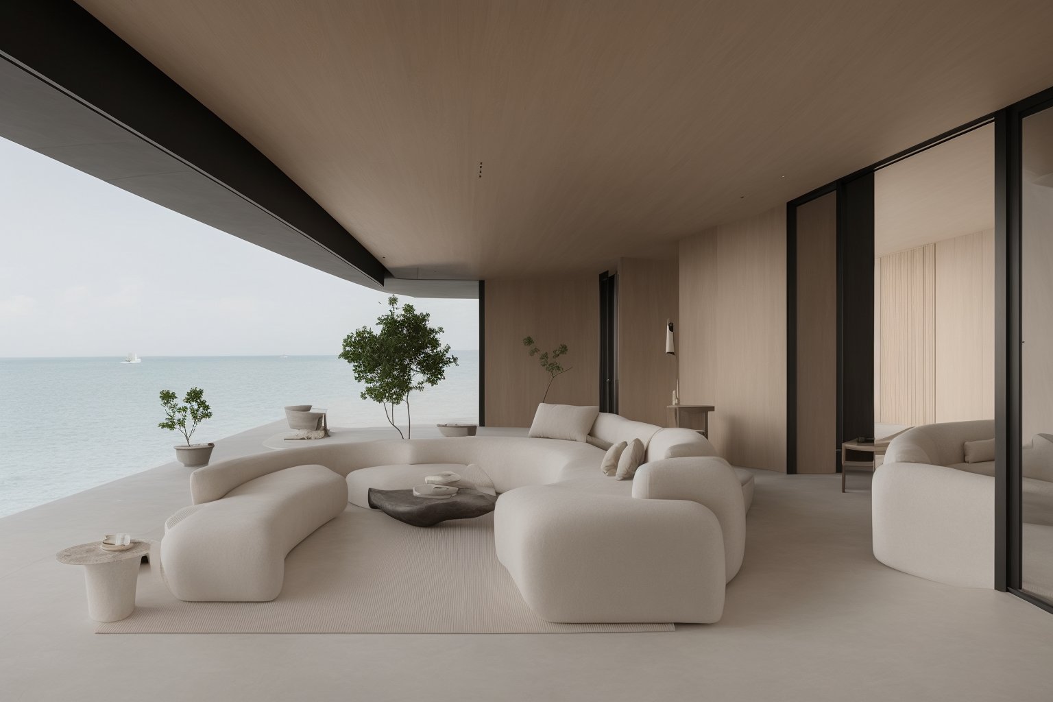 <lora:interior decoration_NaiYou_BY_LION ShikinV1.0 D20:0.75>,Naiyou,Neutral colour,interior design,living room,Living room,Livingroom front view,(ceiling light 1.05),tree,sky,ocean,tiles,Sofa coffee table