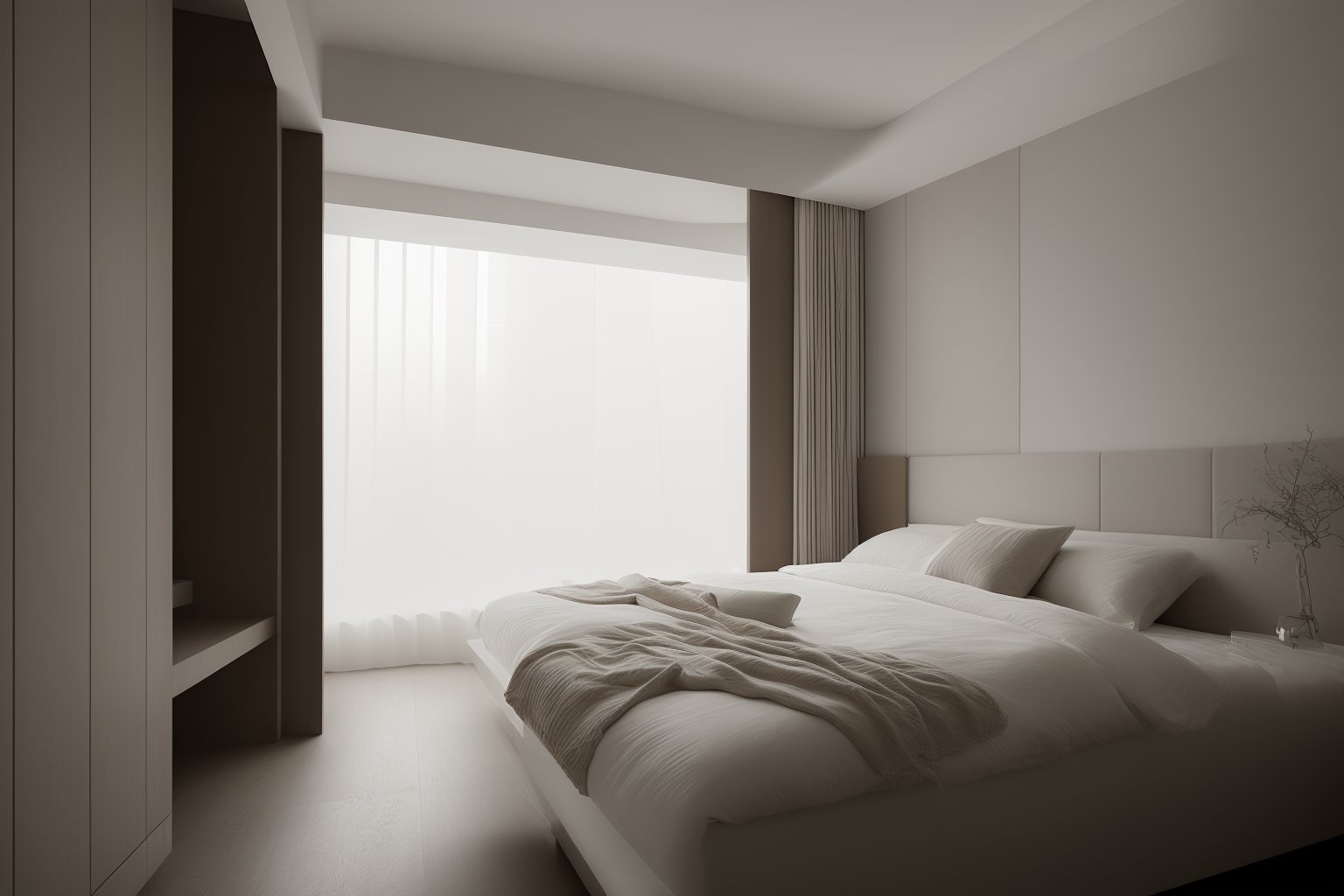 <lora:interior decoration_NaiYou_BY_LION ShikinV1.0 D20:1>,Naiyou,Neutral colour,interior design,Bedroom,bed room,monochrome,(ceiling light 1.2),