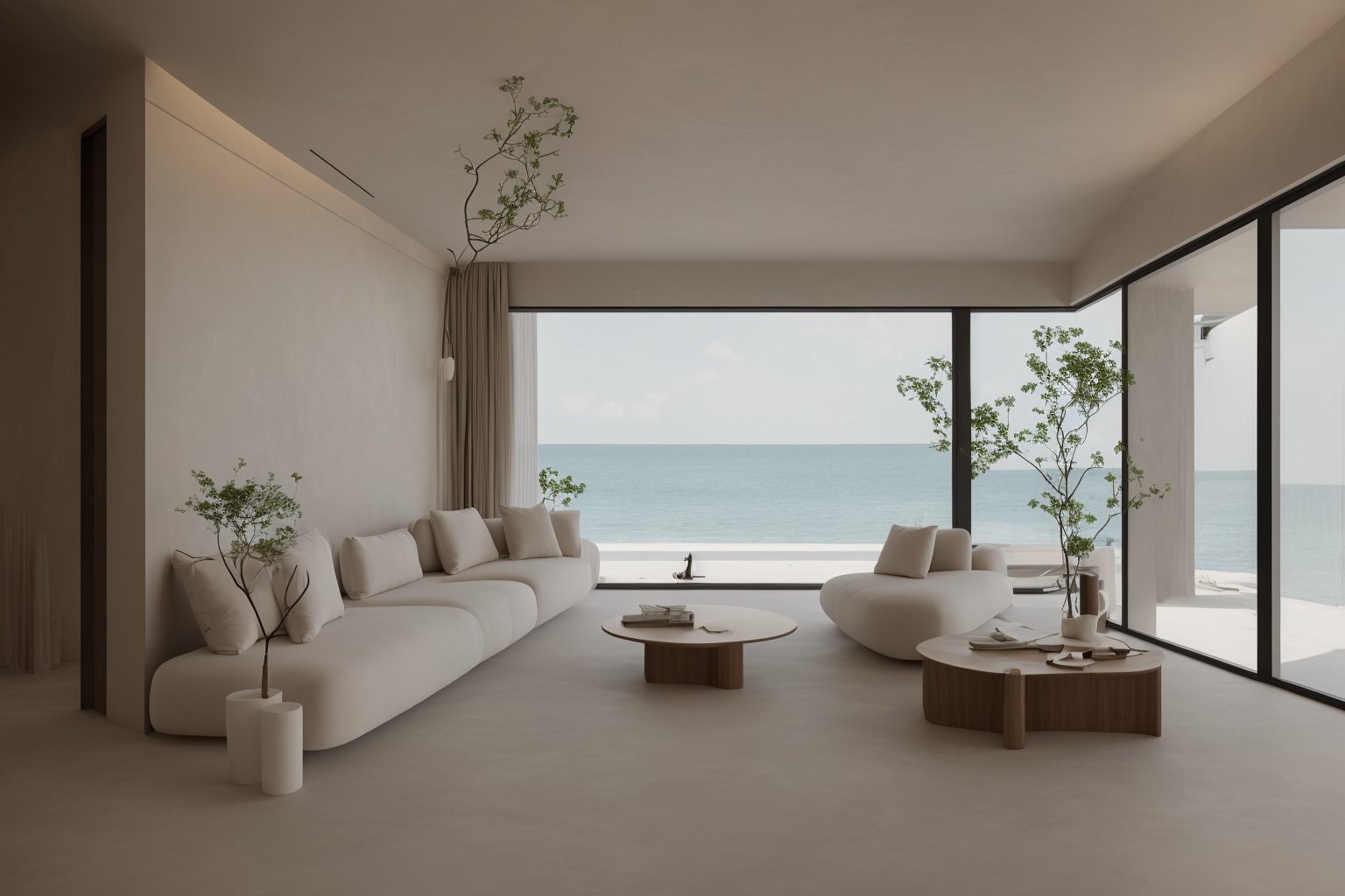 <lora:interior decoration_NaiYou_BY_LION ShikinV1.0 D20:0.75>,Naiyou,Neutral colour,interior design,living room,Living room,Livingroom front view,(ceiling light 1.05),tree,sky,ocean,tiles,Sofa coffee table