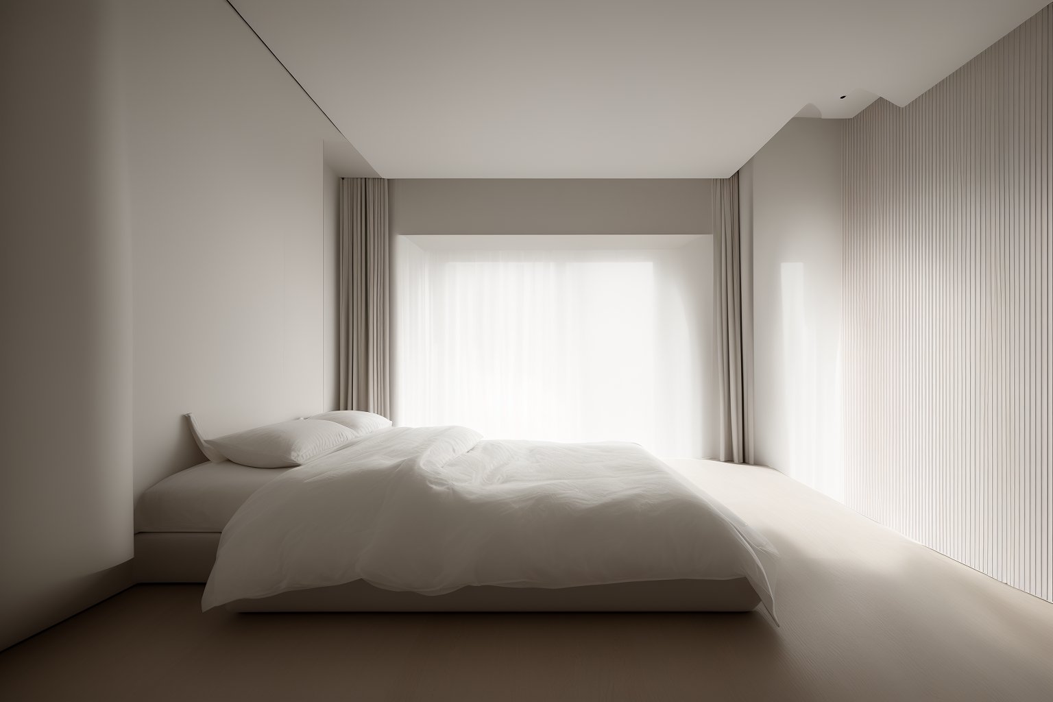 <lora:interior decoration_NaiYou_BY_LION ShikinV1.0 D20:1>,Naiyou,Neutral colour,interior design,Bedroom,bed room,monochrome,(ceiling light 1.2),