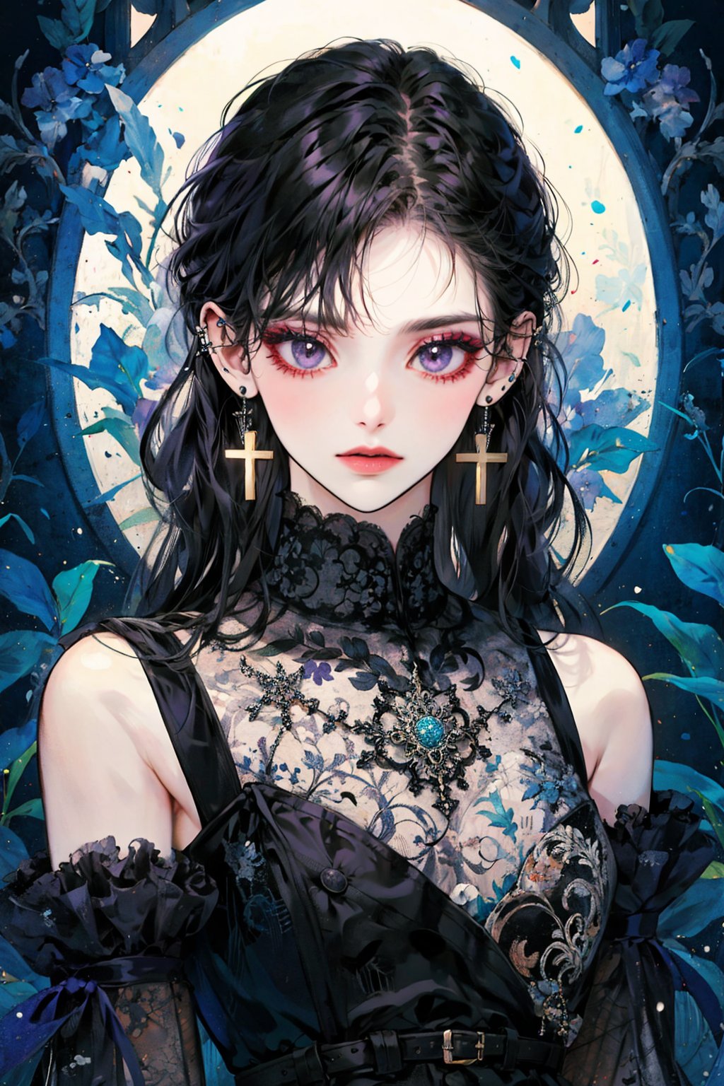 1girl, solo, long hair, looking at viewer, bangs, black hair, dress, bare shoulders, jewelry, closed mouth, purple eyes, upper body, earrings, detached sleeves, belt, makeup, piercing, cross, ear piercing, cross earrings, gothic