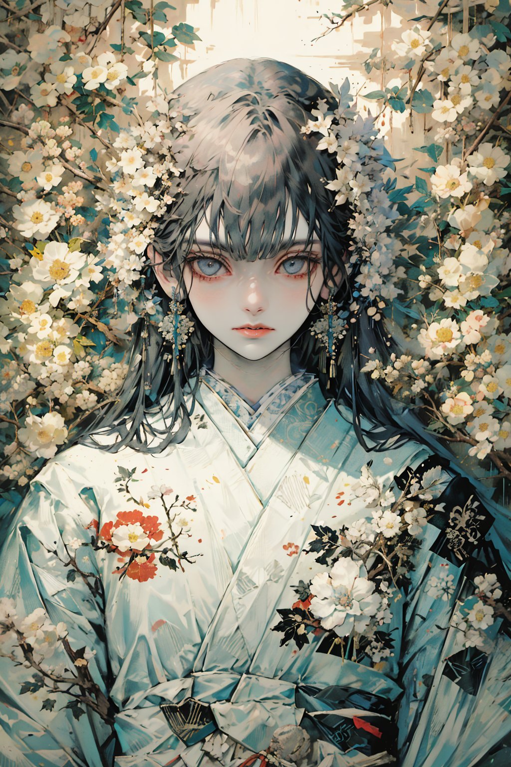 1girl, solo, long hair, looking at viewer, bangs, blue eyes, hair ornament, jewelry, closed mouth, upper body, flower, light blue hair, earrings, japanese clothes, hair flower, blunt bangs, kimono, lips, grey eyes, sash, obi, floral print, white flower, white kimono, branch, print kimono,boy