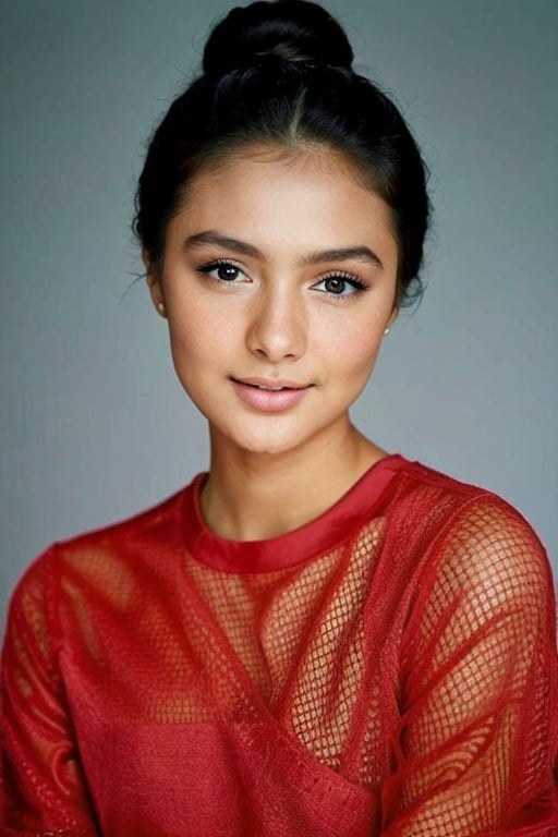 A detailed portrait of a young woman exuding elegance and natural grace. She has a voluminous updo hairstyle with wisps of hair tenderly framing her face. Her hazel eyes are accentuated by tasteful makeup, with a few light freckles across her nose and cheeks. She wears a high-necked black top, suggesting a blend of casual refinement. The lighting should illuminate her face against a subdued background, emphasizing her calm and confident expression. High Fashion, dynamic, dramatic, elegant, High fashion Vogue cover Dramatic photography, supermodel, avant garde style,naura_ayu,4manda