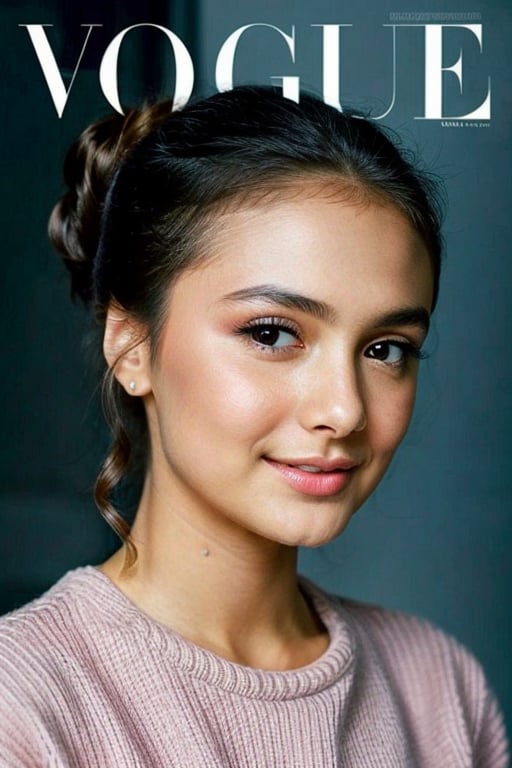 A detailed portrait of a young woman exuding elegance and natural grace. She has a voluminous updo hairstyle with wisps of hair tenderly framing her face. Her hazel eyes are accentuated by tasteful makeup, with a few light freckles across her nose and cheeks. She wears a high-necked black top, suggesting a blend of casual refinement. The lighting should illuminate her face against a subdued background, emphasizing her calm and confident expression. High Fashion, dynamic, dramatic, elegant, High fashion Vogue cover Dramatic photography, supermodel, avant garde style,naura_ayu