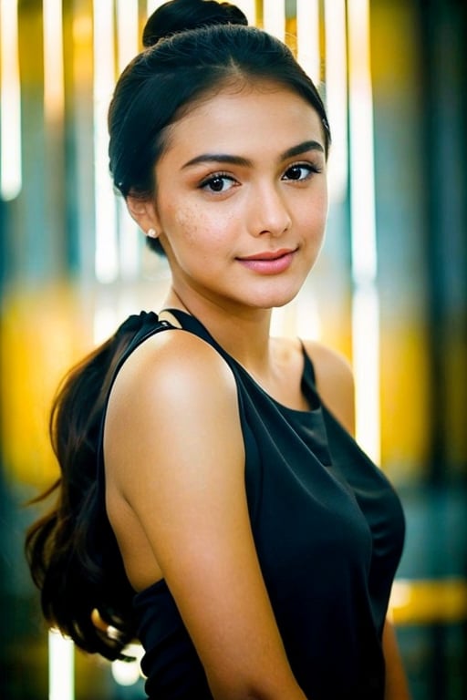 A detailed portrait of a young woman exuding elegance and natural grace. She has a voluminous updo hairstyle with wisps of hair tenderly framing her face. Her hazel eyes are accentuated by tasteful makeup, with a few light freckles across her nose and cheeks. She wears a high-necked black top, suggesting a blend of casual refinement. The lighting should illuminate her face against a subdued background, emphasizing her calm and confident expression. High Fashion, dynamic, dramatic, elegant, High fashion Vogue cover Dramatic photography, supermodel, avant garde style,naura_ayu