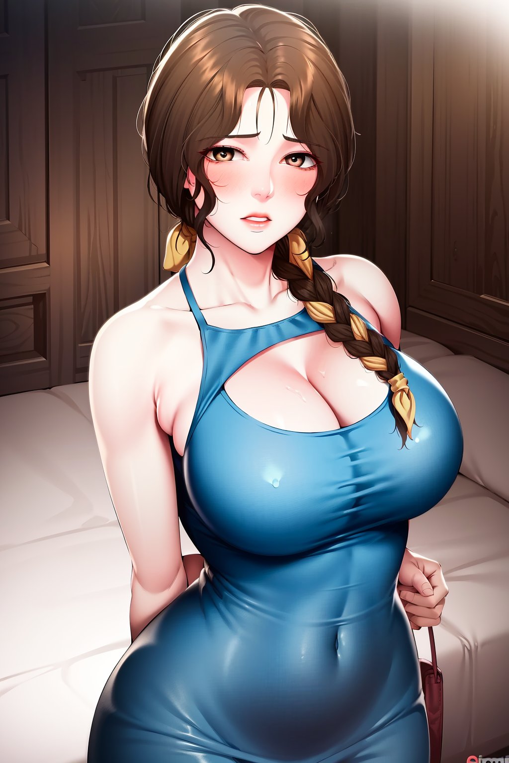 best quality,masterpiece,ultra detailed,ultra-detailed,intricate detail,extremely detailed,delicate pattern,masterpiece,looking at viewer,<lora:coo_寄宿日记_美静:0.75>,breasts,brown hair,cleavage,braid,mature female,blush,brown eyes,large breasts,long hair,hair over shoulder,tight,single braid,collarbone,arm behind back,blue dress,sleeveless, clothing cutout