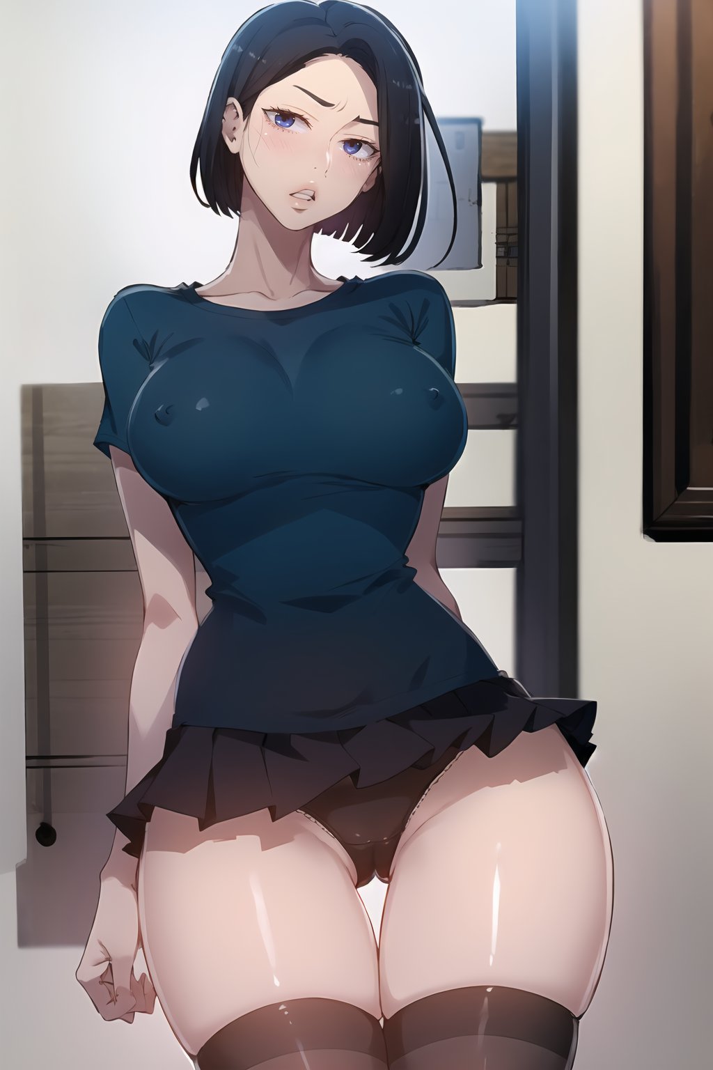 <lora:SooAh_V2:1> sooahdef, 1girl, solo, breasts, skirt, covered nipples, shirt, large breasts, short hair, looking at viewer, blue shirt, t-shirt, pleated skirt, short sleeves, parted lips, teeth, thigh gap, collarbone, lips, thighs, miniskirt, indoors, standing, black skirt, cowboy shot, window, blurry, blurry background, panties, black thighhighs, arms behind back, 