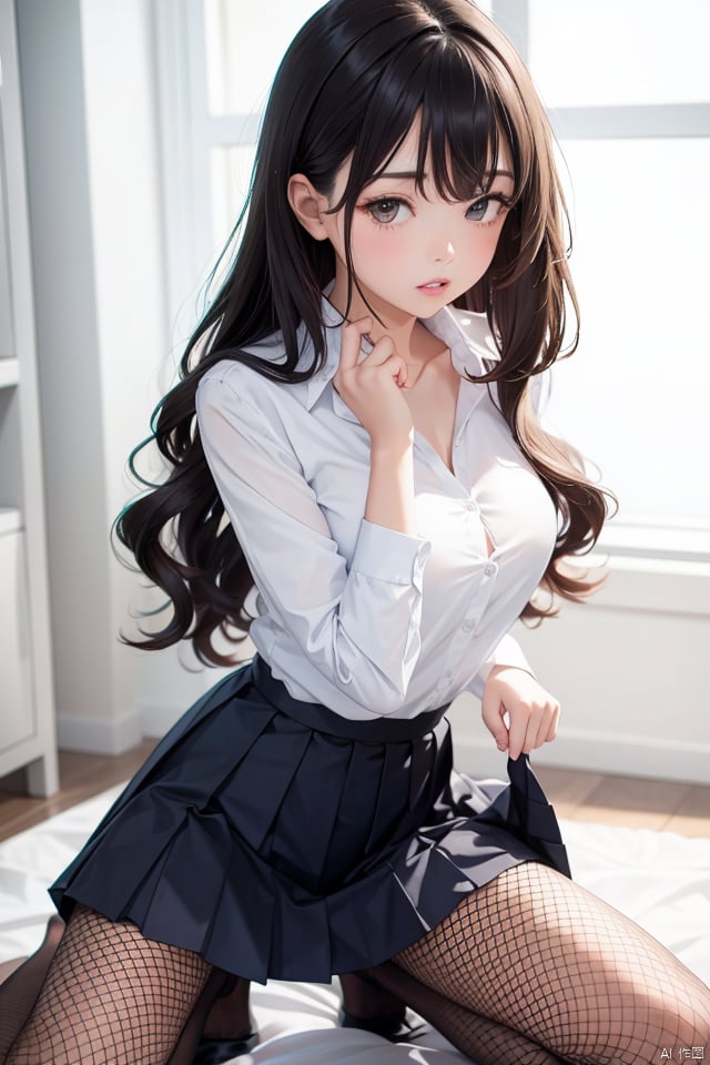  1girl, kneeling,the upper body, long wavy hair, parted lips, long hair, bangs,collarbone,Pure white Collar shirt outside,Pleated lace skirt, pantyhose , fishnet pantyhose, Lift up the skirt, open legs Widely,intdoors, night,simple_background