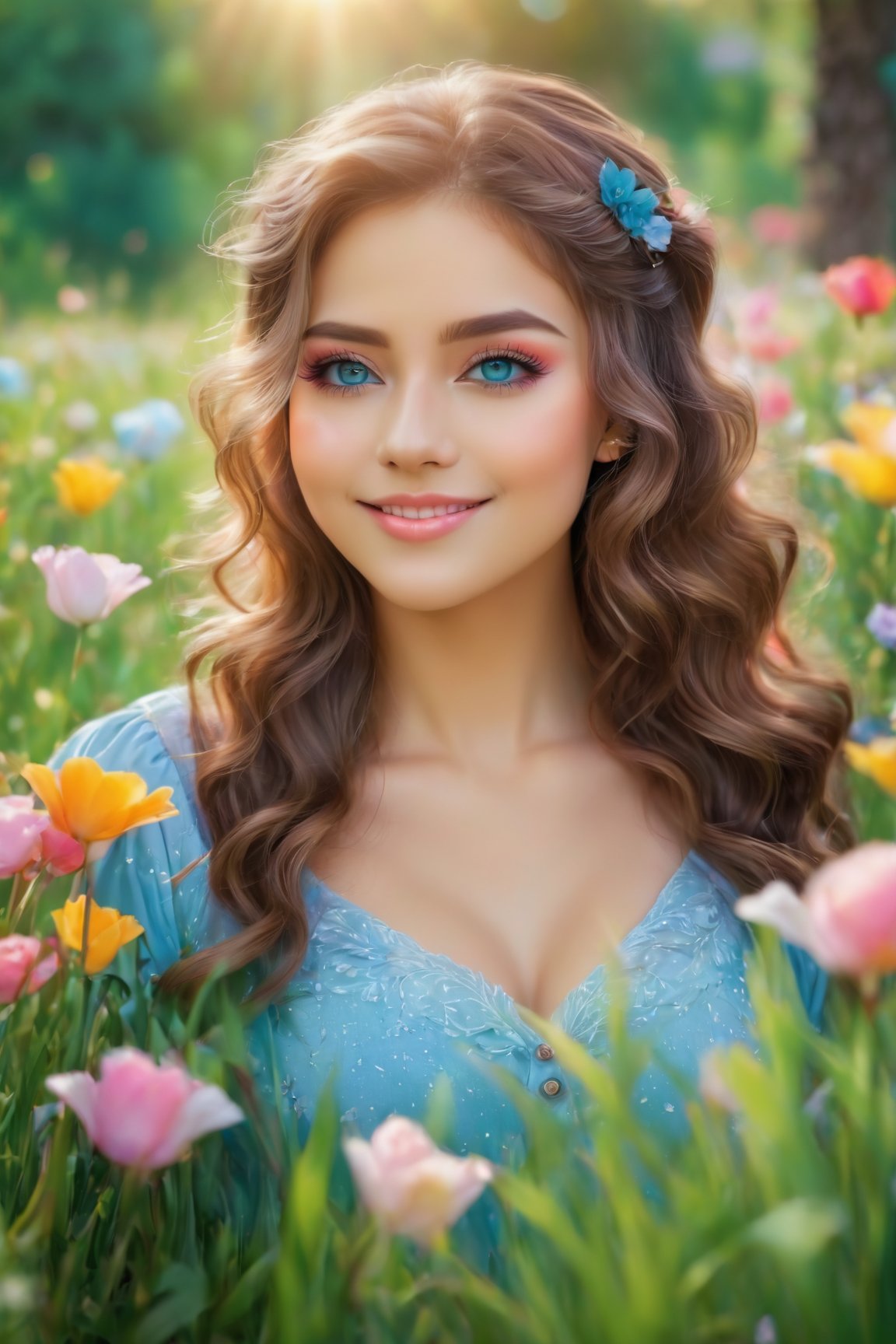 cute, sexy, russian, girl, Feeling happy, slight smile, Wearing a light blue tight fitting top, (beautiful detailed eyes:1.1), (beautiful detailed lips:1.1), (extremely detailed eyes and face:1.1), (long eyelashes:1.1), soft curly brown hair, pointed nose, (rosy cheeks:1.1), (flawless porcelain skin:1.1), (sparkling eyes:1.1), (slim figure:1.1), standing in a blooming garden, holding a bouquet of colorful flowers, (butterflies fluttering around:1.1), (sunlight filtering through the leaves:1.1), (soft spring breeze:1.1), (green grass and vibrant flowers:1.1), with a charming background of a wooden white fence and blue sky, (best quality, 4k, 8k, highres, masterpiece:1.2), ultra-detailed, realistic, photorealistic:1.37, portraits, vivid colors, pastel color tones, soft natural lighting.