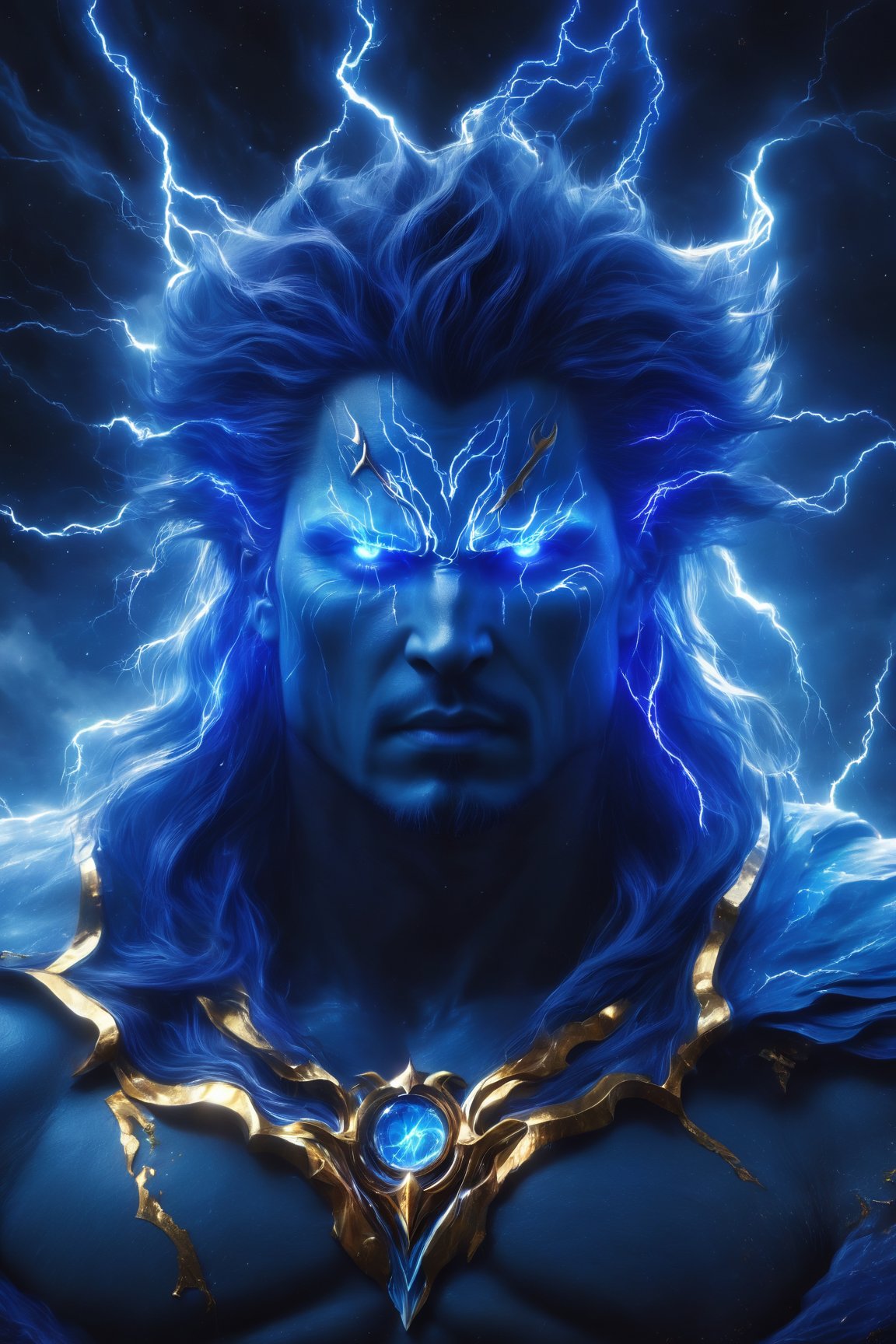 (Superb quality, 4K, detailed masterpiece), (Hyper-realistic, true-to-life) An awe-inspiring 4K portrait unveiling the majesty of the Storm Sovereign. Picture the electrifying presence of the Thunder God, casting vibrant bolts of lightning across the celestial canvas in a dazzling display of indigo and azure brilliance. Crafted with the finesse of cutting-edge rendering technologies like Unreal Engine and Quantum Wavetracing, the atmospheric ambiance is charged with an ethereal glow, surrounded by wisps of mystical energy and shimmering light particles.