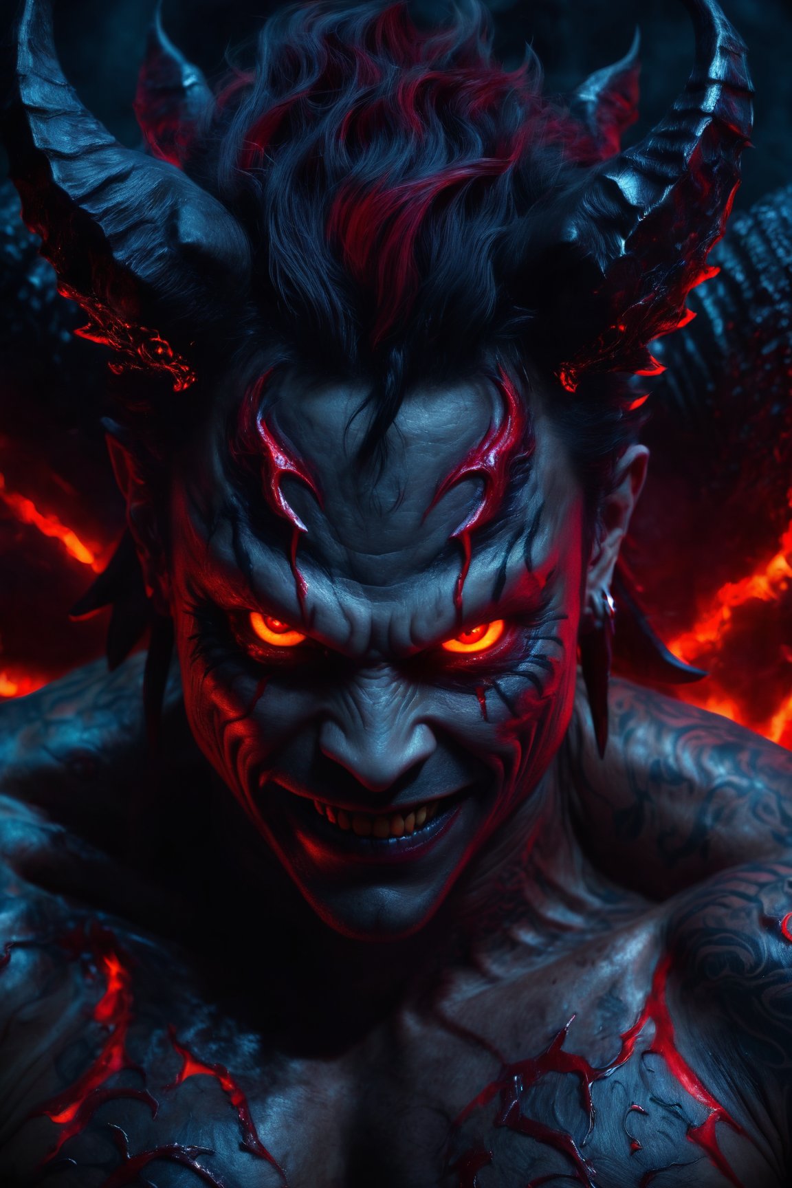 (best quality,4k,8k,highres,masterpiece:1.2),ultra-detailed,(realistic,photorealistic,photo-realistic:1.37),dark devil,red neon eyes,blood particle theme,mid length hair,stunning horns,fiery gaze,tattooed body,ominous aura,demonic wings,sharp fangs,menacing grin,sinister atmosphere,smokey background,dark shadows,intense red lighting,vivid colors