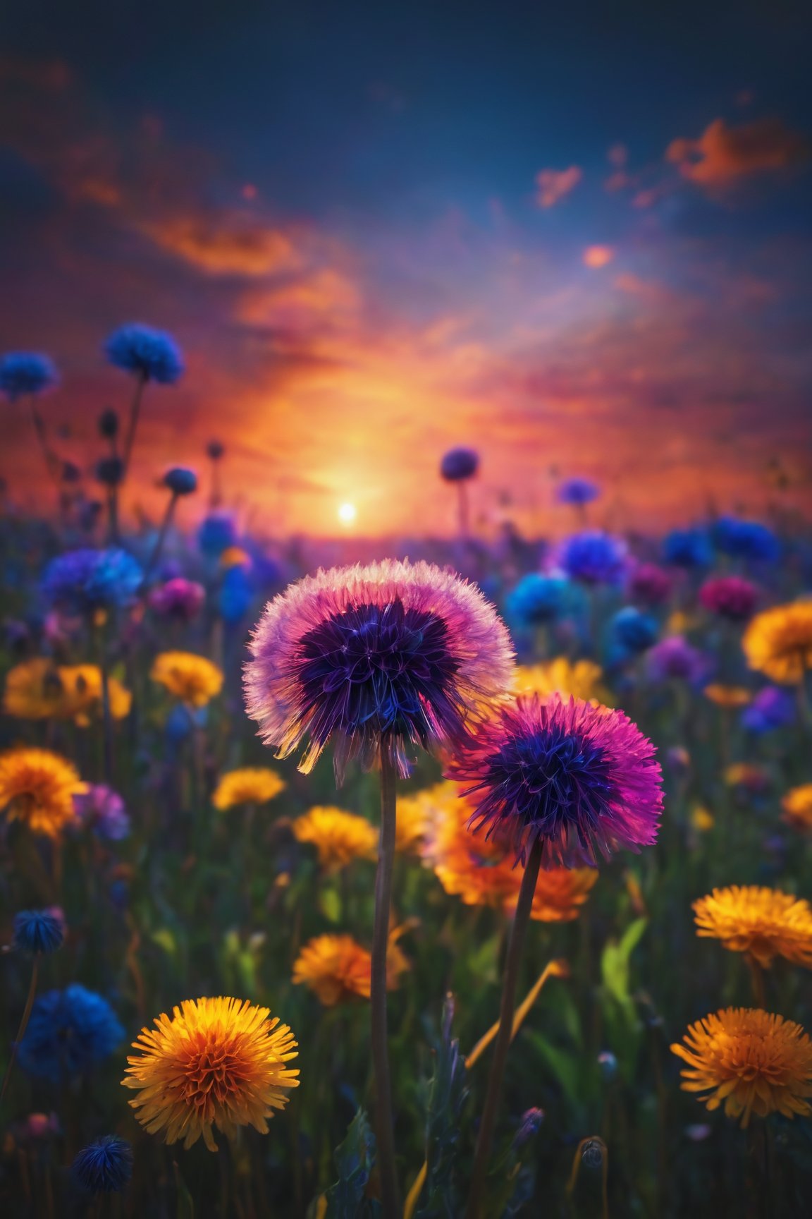 (best quality,8K,highres,masterpiece), ultra-detailed, (hyper-colorful, vivid), photograph capturing dandelions against a glorious and super colorful sunset. Shot by the renowned photographer Lee Jeffries using a Nikon D850, the film stock used is Kodak Portra 400, resulting in rich and vibrant colors. The f1.6 lens adds a lifelike texture to the scene, while dramatic lighting enhances the overall effect, creating a hyper-realistic portrayal. Trending on ArtStation and utilizing Unreal Engine, this Cinestill 800 masterpiece is a burst of super colorful beauty