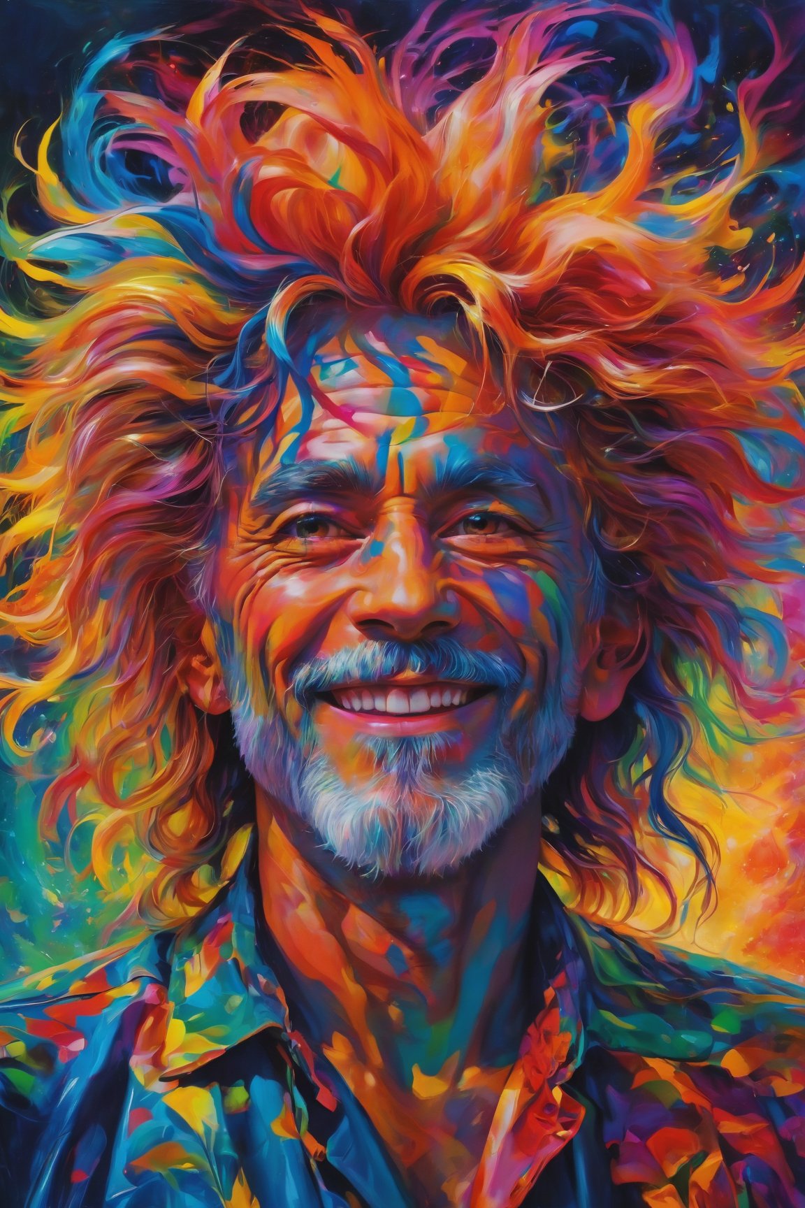 (best quality, 8K, highres, masterpiece), ultra-detailed, (super colorful, vibrant), in a mesmerizing and swirling composition, an ethereal madman with wild, multi-hued hair and an enigmatic, mischievous grin captivates viewers. The neon painting bursts with a kaleidoscope of vivid and contrasting shades that bring the character to life in a dazzling display of colors. Elongated limbs and vibrant, pointed facial features add an element of energetic expression and intrigue, while the artist's intricate and vibrant brushwork showcases a masterful skill and unwavering attention to detail. This high-quality image transports us into a world of awe-inspiring wonder, evoking a sense of curiosity and fascination