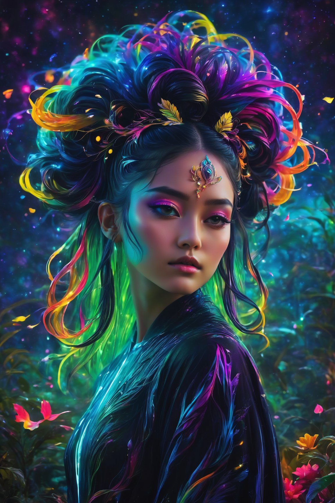 (best quality, 8K, highres, masterpiece), ultra-detailed, (super colorful, fantasy creature style) portrayal of an enchanting being, resembling the goddess of horticulture. This otherworldly entity possesses long, flowing black hair styled in space buns and radiates an aura of mystic charm. Instead of ordinary hair, her locks are transformed into brilliant neon tendrils that flow like cascading waterfalls, each strand shimmering with a dazzling array of vivid colors. She stands as a beautiful backlit silhouette, her body adorned with millions of microscopic fibers, ultra-bright neon strings, and intricate neon vines and leaves that intertwine with futuristic flora. The entire scene is bathed in a vibrant green color palette, creating a mesmerizing and fantastical world where nature and technology harmoniously coexist in a breathtaking display of color and magic.