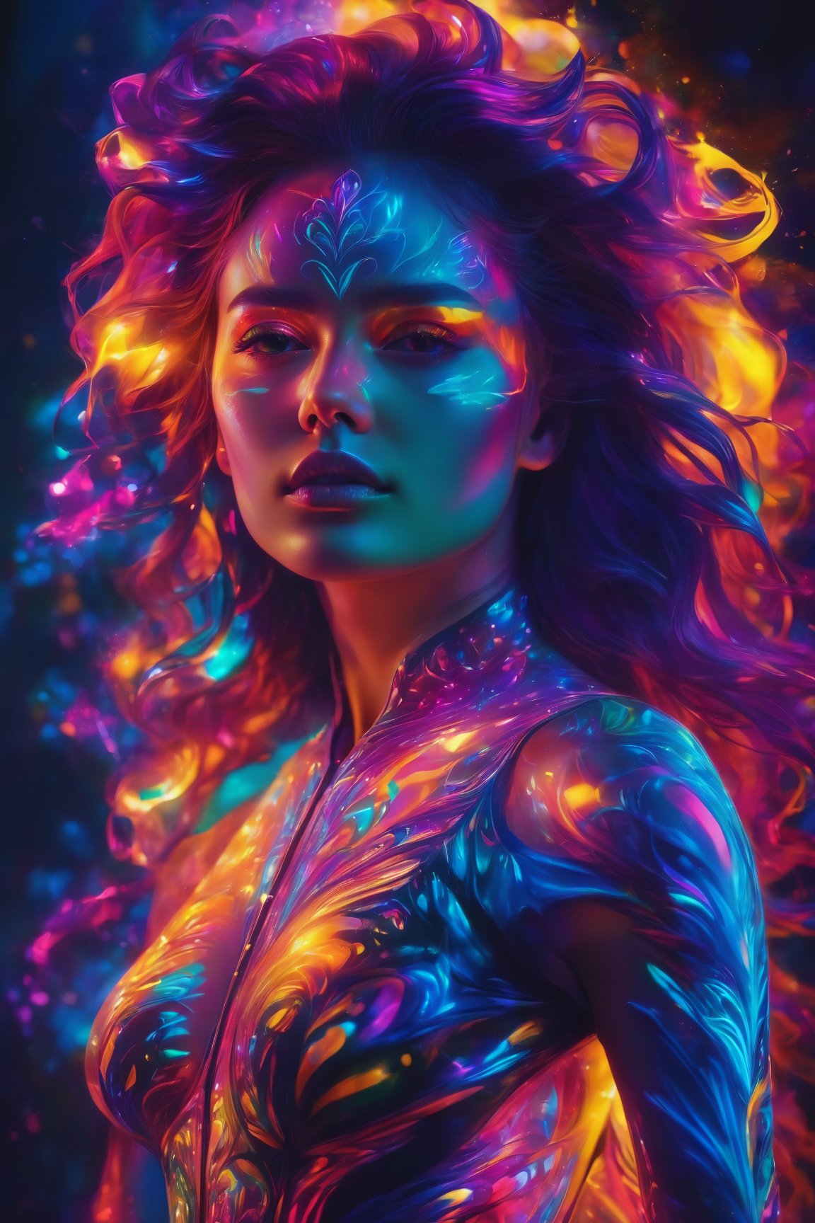 (best quality, 8K, highres, masterpiece), ultra-detailed, illustration of Marta Gromova, a phantasmagorical figure with an emphasis on vivid colors. The silhouette of the woman features (translucent skin:1.5) and (translucent body:1.5), illuminated by neon lights and an array of vibrant light particles. The composition bursts with a super colorful palette, embracing lively CMYK colors and a stunning backlit effect, creating a visually striking and captivating portrayal