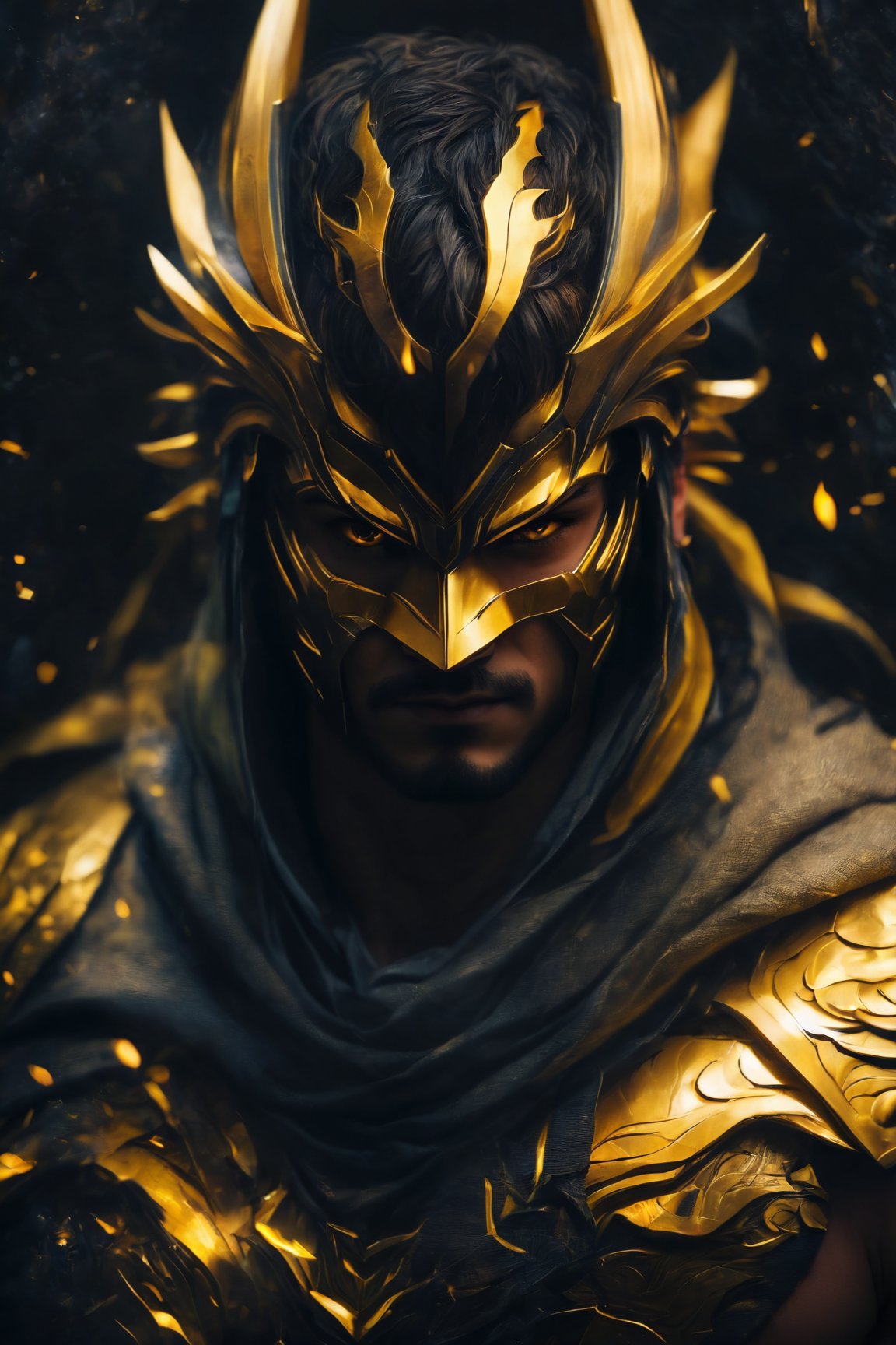 (best quality,8K,highres,masterpiece), ultra-detailed, (solo, male focus) illustration showcasing an upper body portrait of a boy with intense yellow, glowing eyes. The subject is looking directly at the viewer, creating a powerful connection. He's depicted with a muscular build, emphasizing strength and vigor. His appearance is further defined by a hood up over his head and a mask covering his mouth, adding an air of mystery and intrigue. The mask and eyes emit a subtle yet captivating glow, highlighting his unique characteristics. The overall composition combines elements of realism and fantasy, creating a compelling and memorable visual.