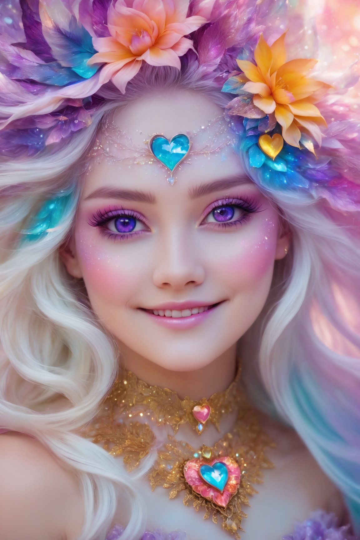 (best quality, 8K, highres, masterpiece), ultra-detailed, (fantasy creature, super colorful), featuring a mesmerizing being with heart-shaped pupils, ethereal white hair, and enchanting purple eyes. Their cheeks are adorned with a gentle blush (blush:1.1), and they wear a captivating choker around their elegant neck. The upper body of this fantastical creature is adorned with a shimmering crop top that radiates love and happiness. A cheerful smile graces their face as they emanate an aura of joy and enchantment. Their lace attire and surroundings are a dazzling tapestry of vibrant colors and bokeh, creating a dreamlike atmosphere. Freckles (freckles:0.8) adorn their natural skin texture, adding a touch of uniqueness to their portrait. The scene is an explosion of fantastical hues, making this creature a living embodiment of a vivid and magical world.